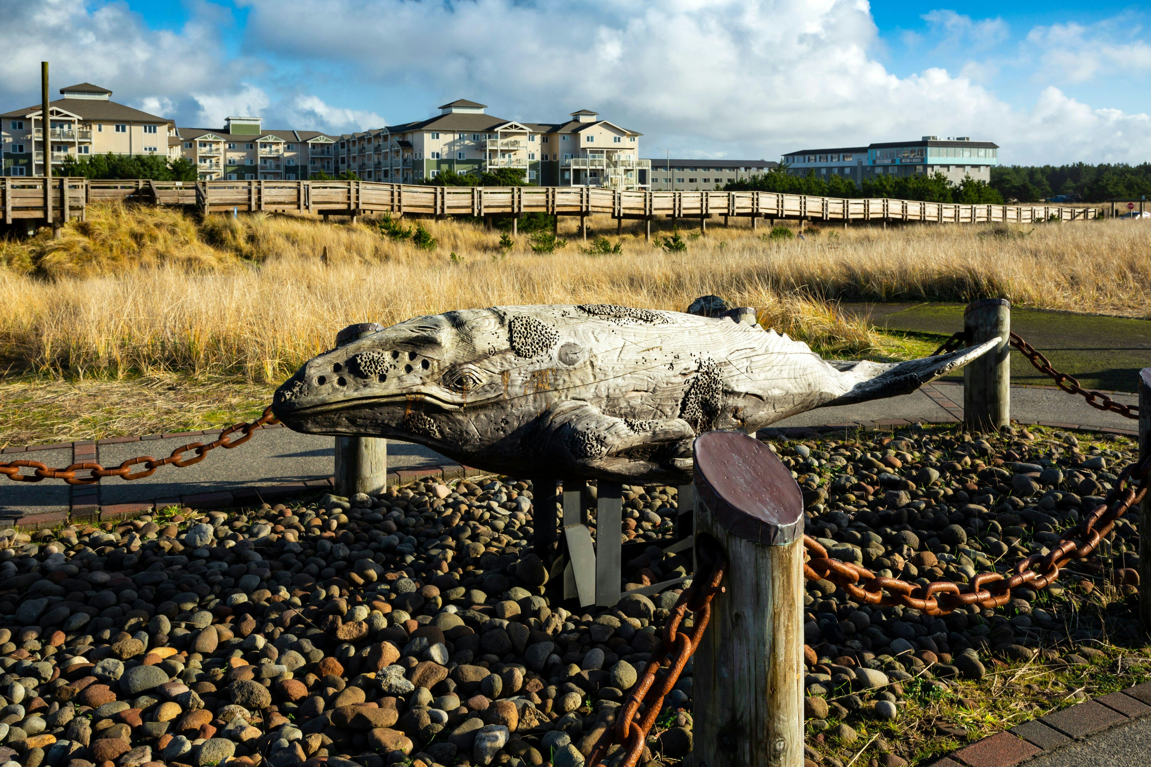 WA19134-00...WASHINGTON - Carving of a Grey Whale located along the waterfront Discovery Trail in the tourist town of Long Beach.