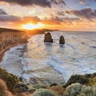 Two of Twelve Apostles rock formations in sea, Great Ocean Road.