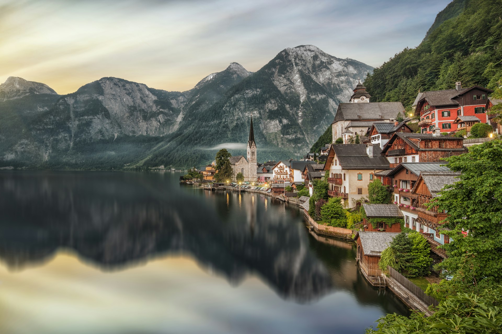 Evangelical Church of Hallstatt looks out across Lake Hallstatt 