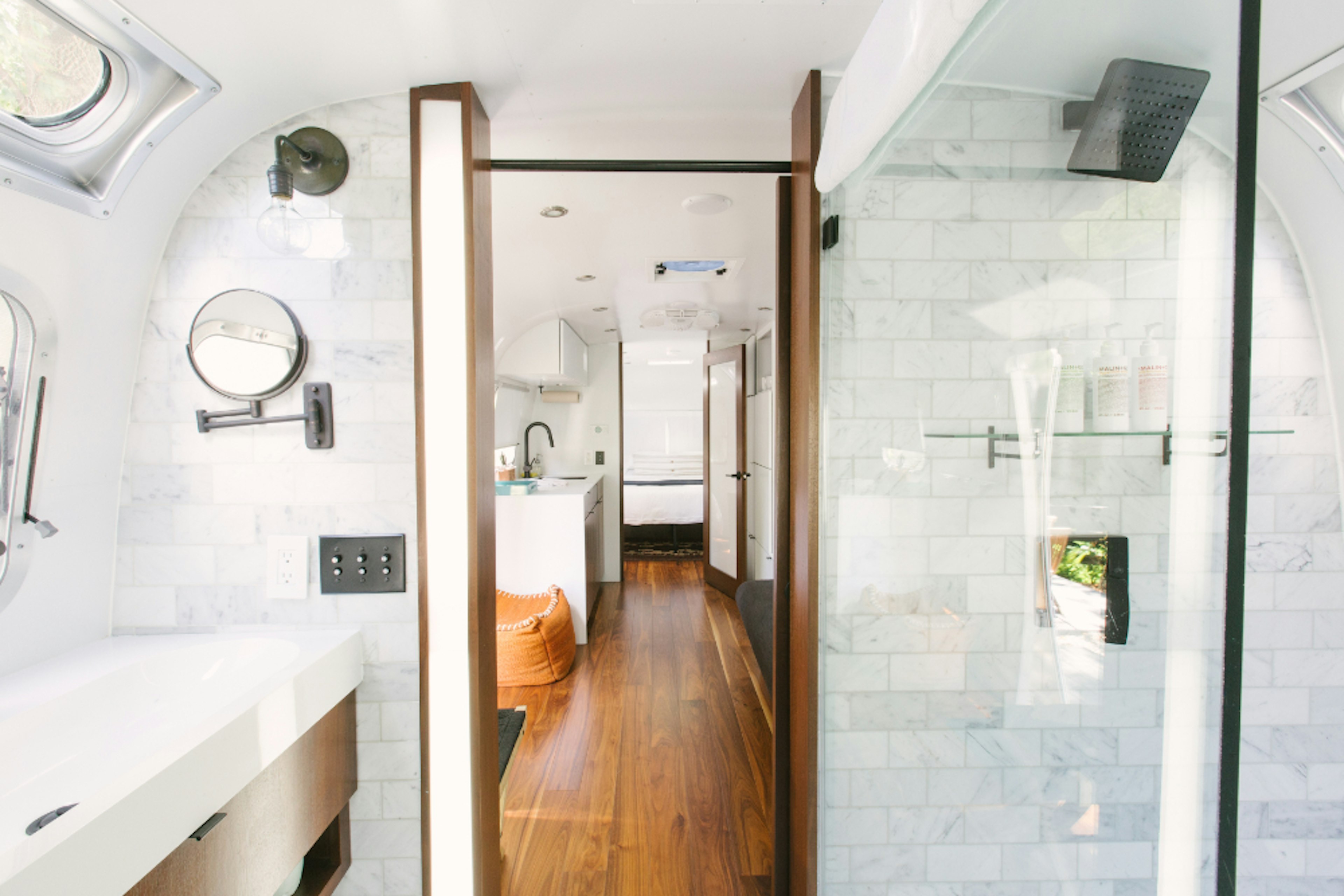 The interior of an Airstream on a glamping site