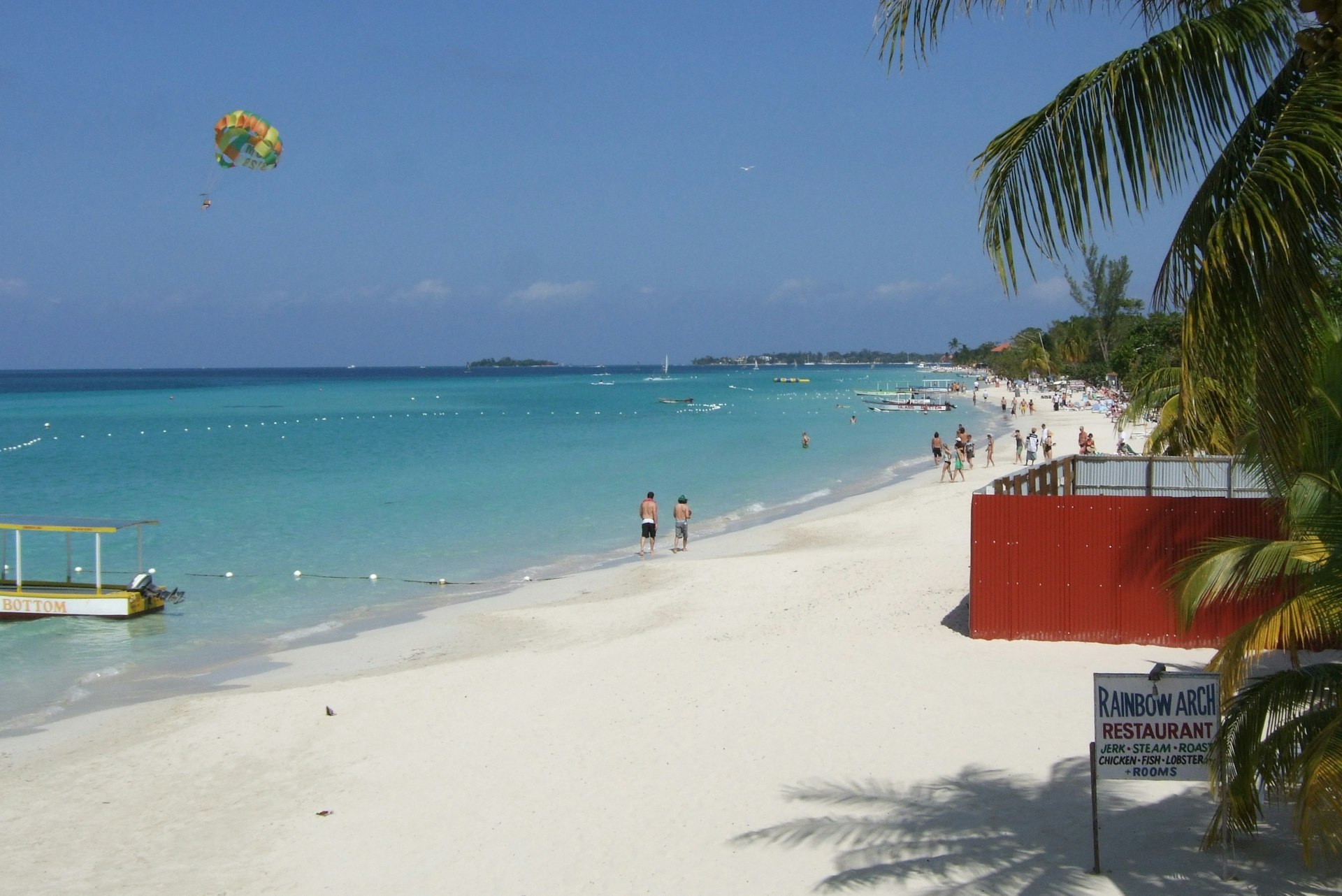 Wide shot of Seven Mile Beach with white sands and calm seas in Negril 