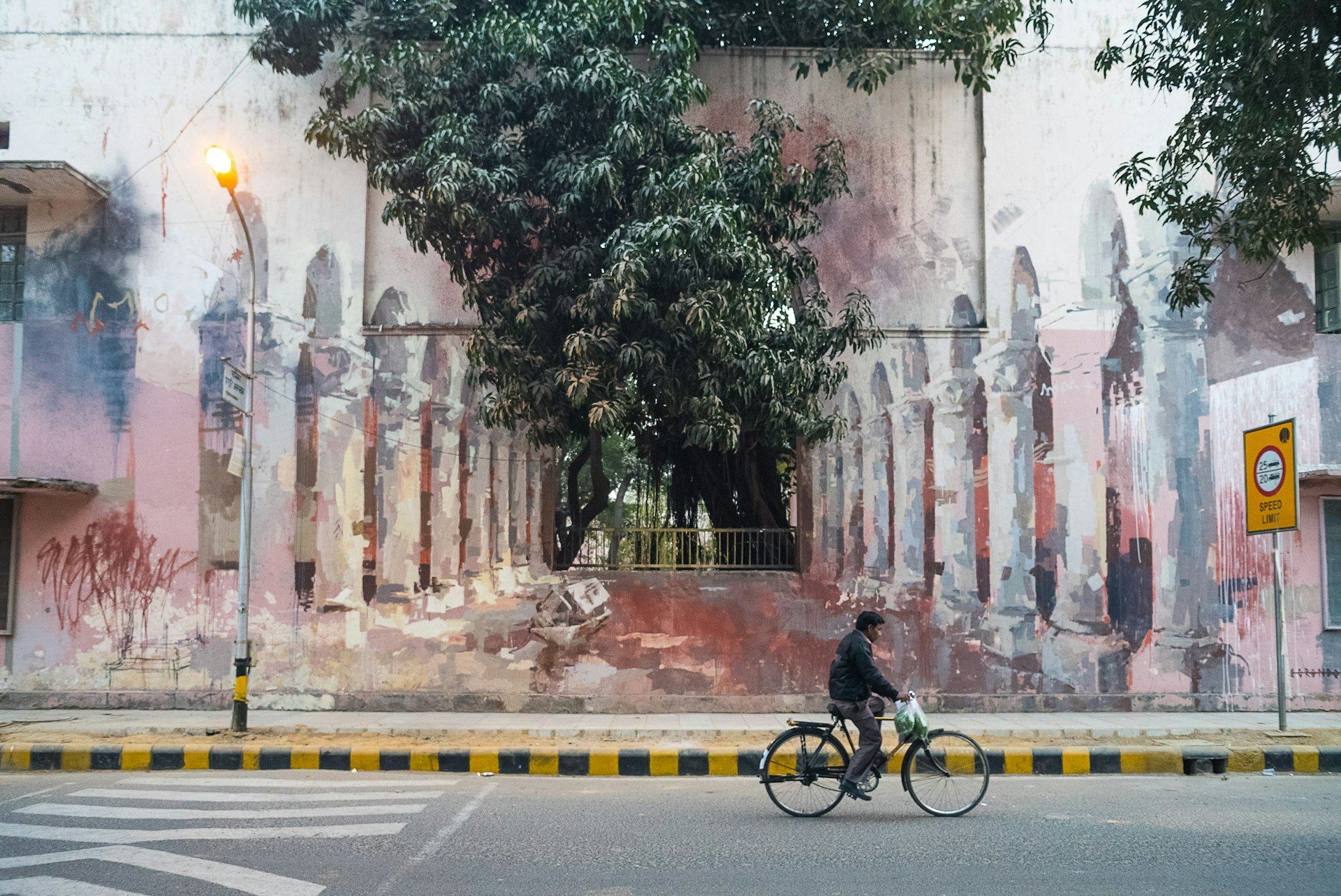 Man cycling in India with a large mural of street art behind him