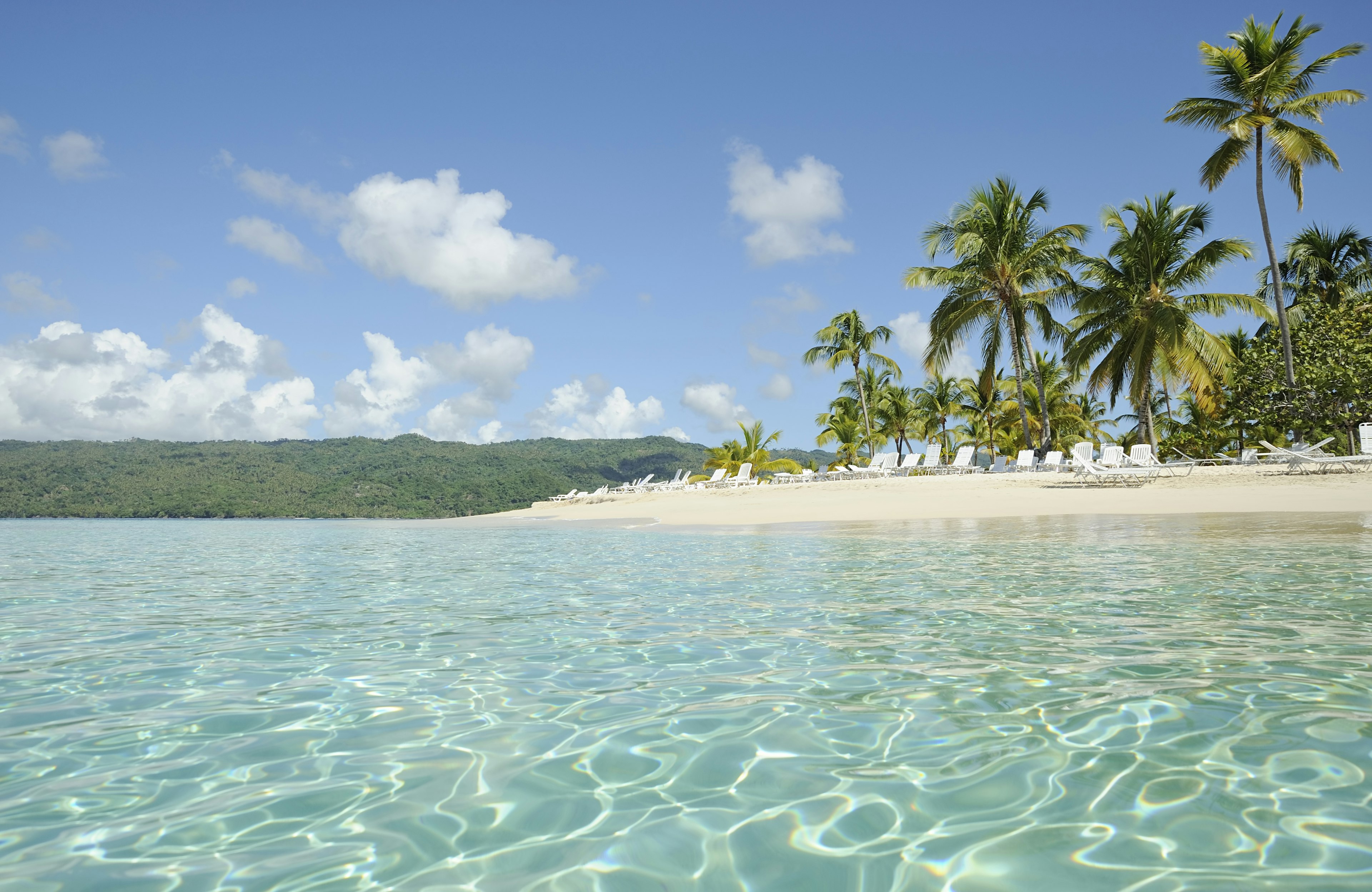 Panaromic view of crystal clear water, beach chairs on the shore and tall palm trees.