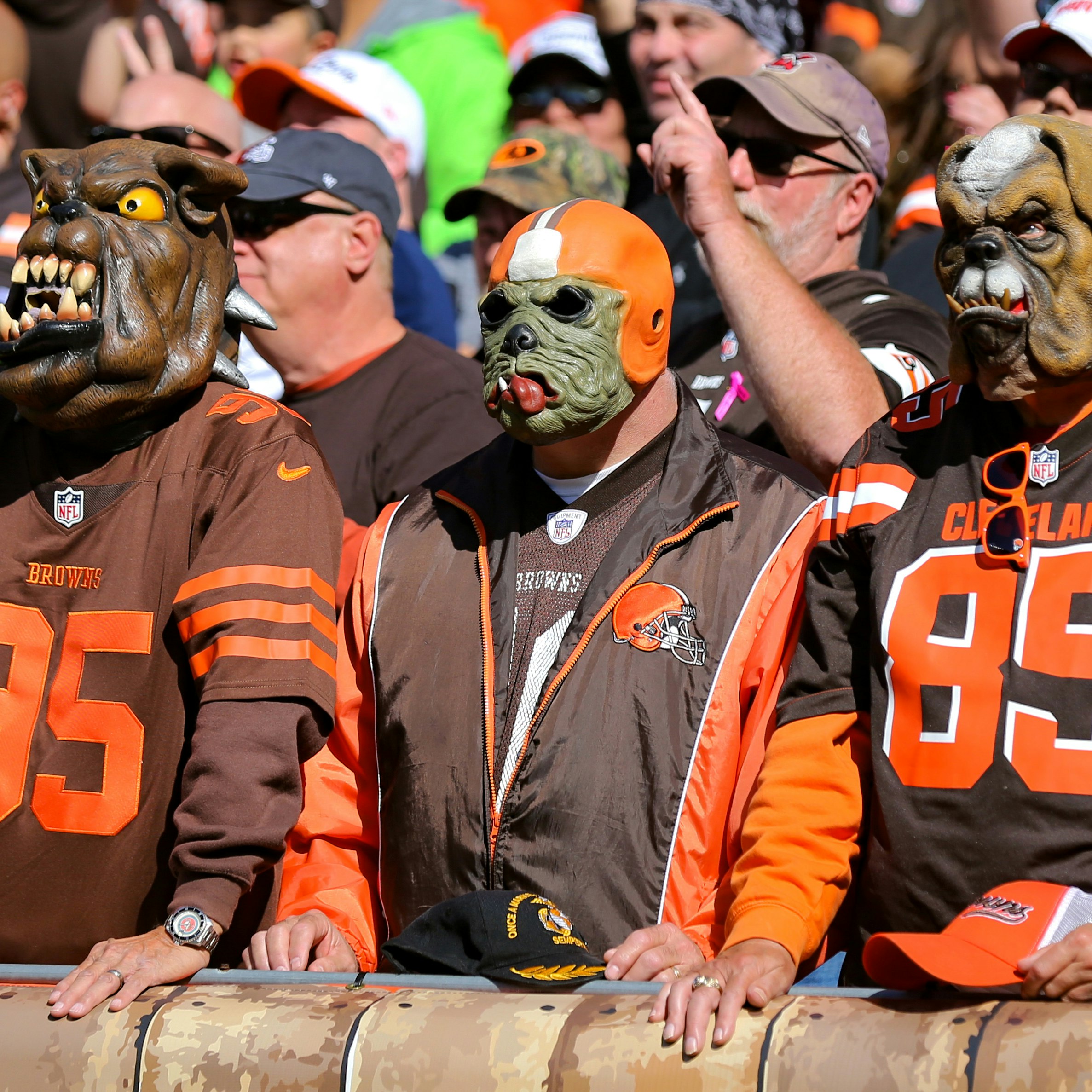 CLEVELAND, OH - OCTOBER 13: Cleveland Browns fans in dog masks in the Dawg Pound during the second quarter of the National Football League game between the Seattle Seahawks and Cleveland Browns on October 13, 2019, at FirstEnergy Stadium in Cleveland, OH. (Photo by Frank Jansky/Icon Sportswire via Getty Images)