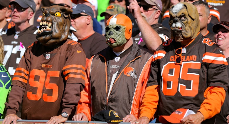 CLEVELAND, OH - OCTOBER 13: Cleveland Browns fans in dog masks in the Dawg Pound during the second quarter of the National Football League game between the Seattle Seahawks and Cleveland Browns on October 13, 2019, at FirstEnergy Stadium in Cleveland, OH. (Photo by Frank Jansky/Icon Sportswire via Getty Images)