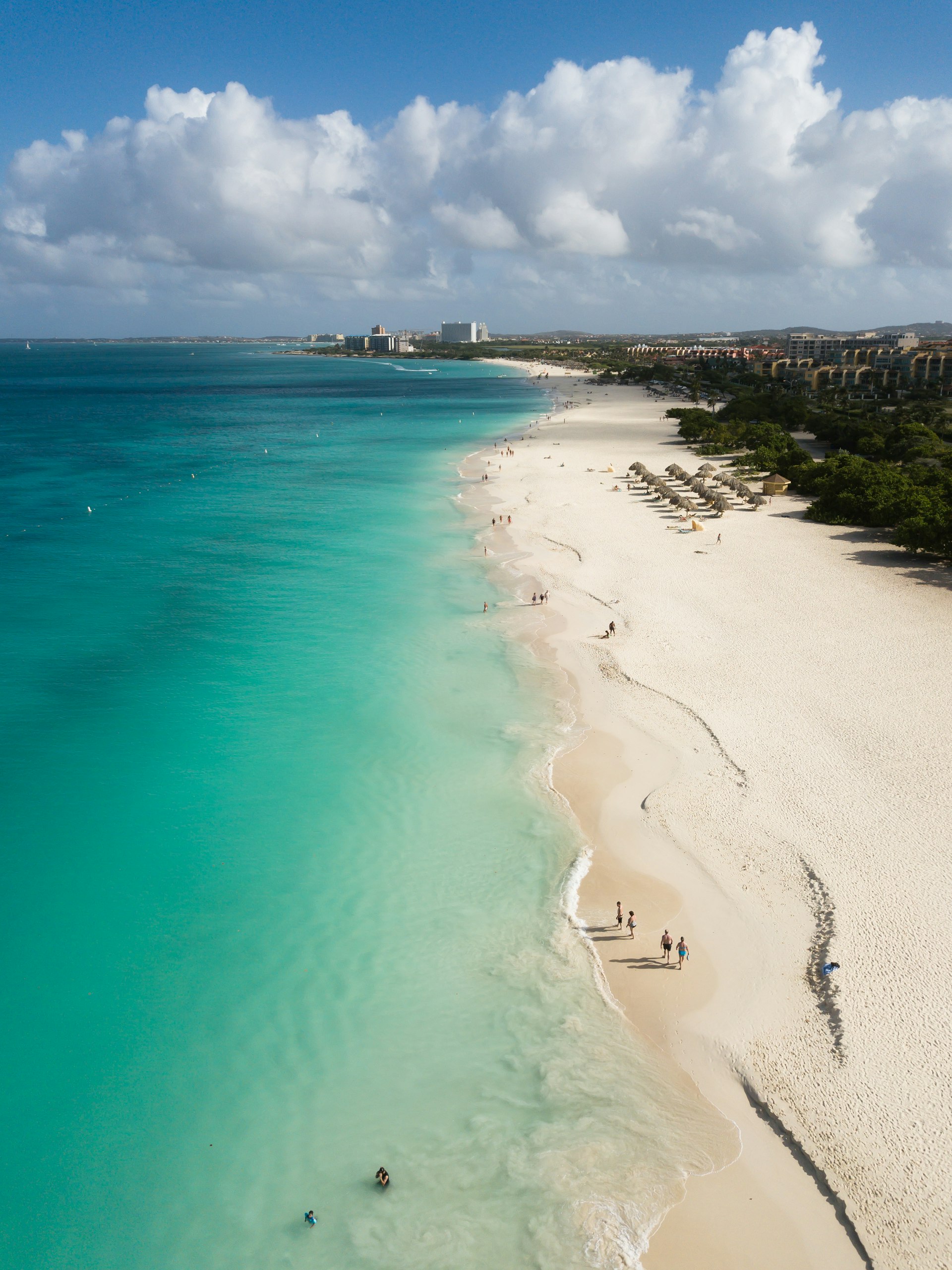 Aerial view of the beautiful turquoise Caribbean Sea at Eagle Beach, Aruba 