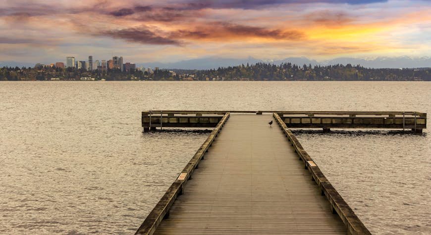 The Dock at Madrona Beach on Washington Lake in Seattle during sunset.