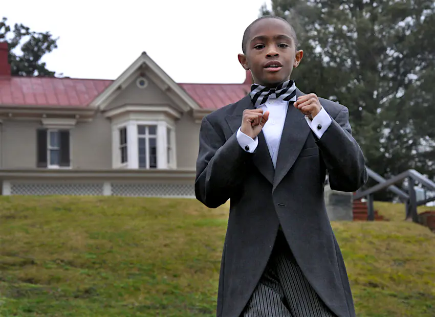 WASHINGTON, DC - FEBRUARY 11: Brayden Wood, 8, of Upper Marlboro, Md., one of the winners of the Frederick Douglass National Historical Site's oratorical competition, poses for a photograph in front of the historic Douglass home in southeast Washington, DC on February 11, 2012. He performed an excerpt from Douglass' famous speech, "Fighting Rebels With Only One Hand," 1861. (Photo by Sonya Doctorian/The Washington Post via Getty Images)