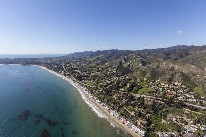 Aerial view of pacific coast beach homes in Malibu, California.
