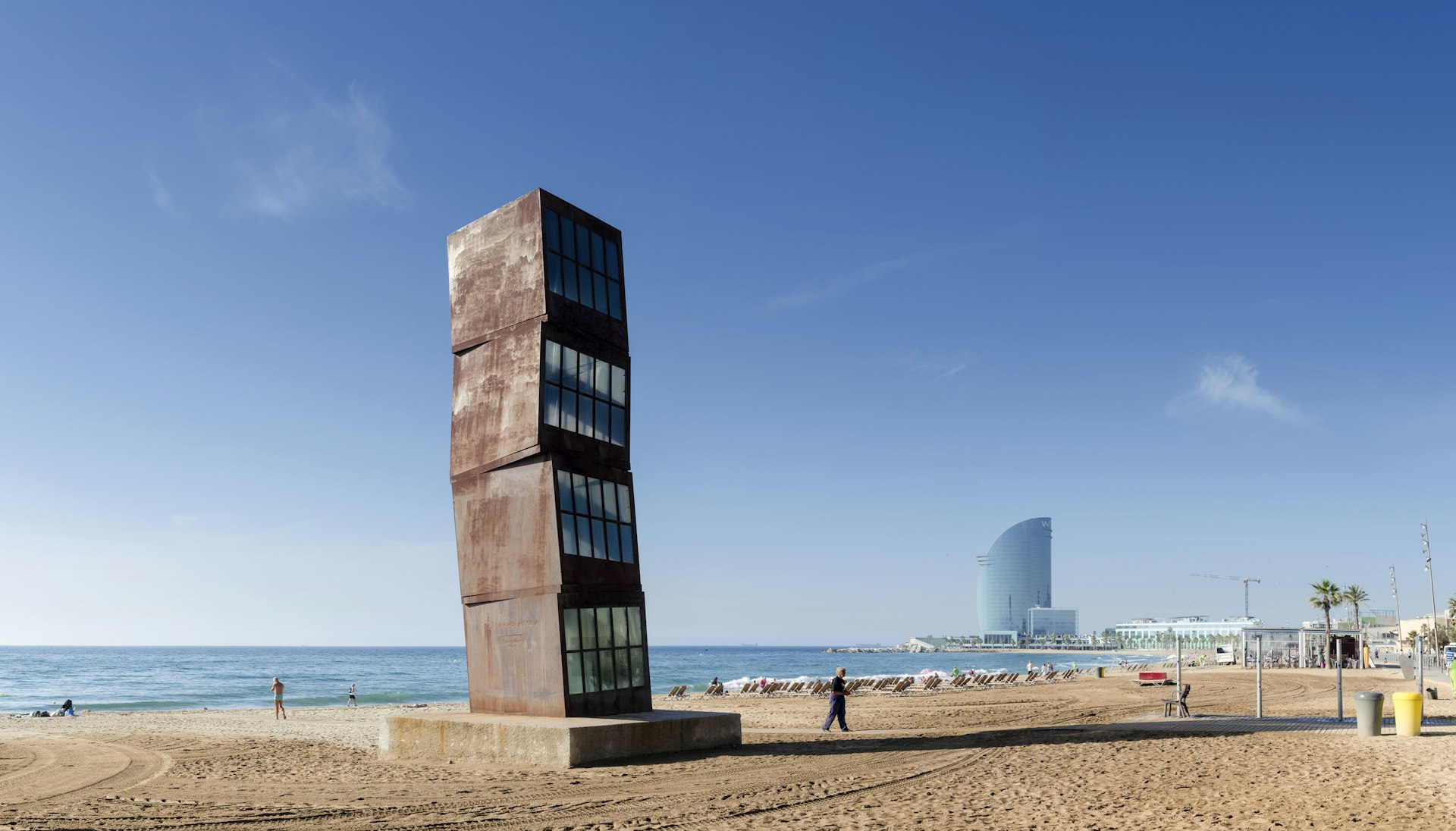 Rebecca Horn’s sculpture, L'Estel ferit (The Wounded Shooting Star), stands in the middle on an empty Sant Miquel Beach in Barcelona 
