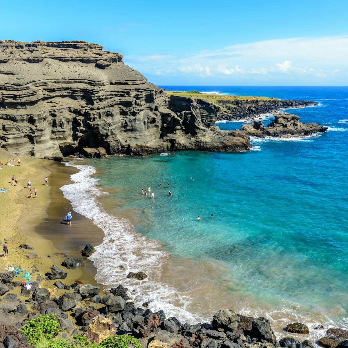 Green sand beach is located near South Point on the island of Hawaii. It is one of the only four green sand beaches in the world.