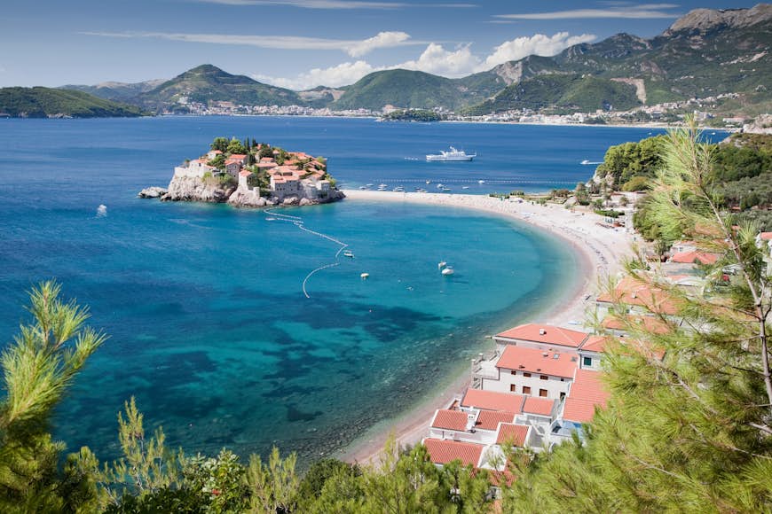 View over the Sveti Stefan peninsula, Montenegro