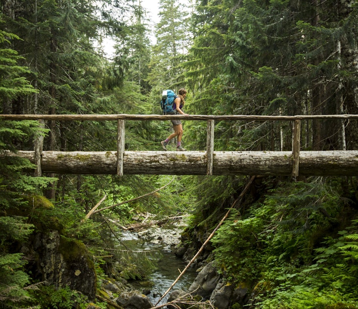 A female hiker walking across a log bridge in the Olympic National Park. 