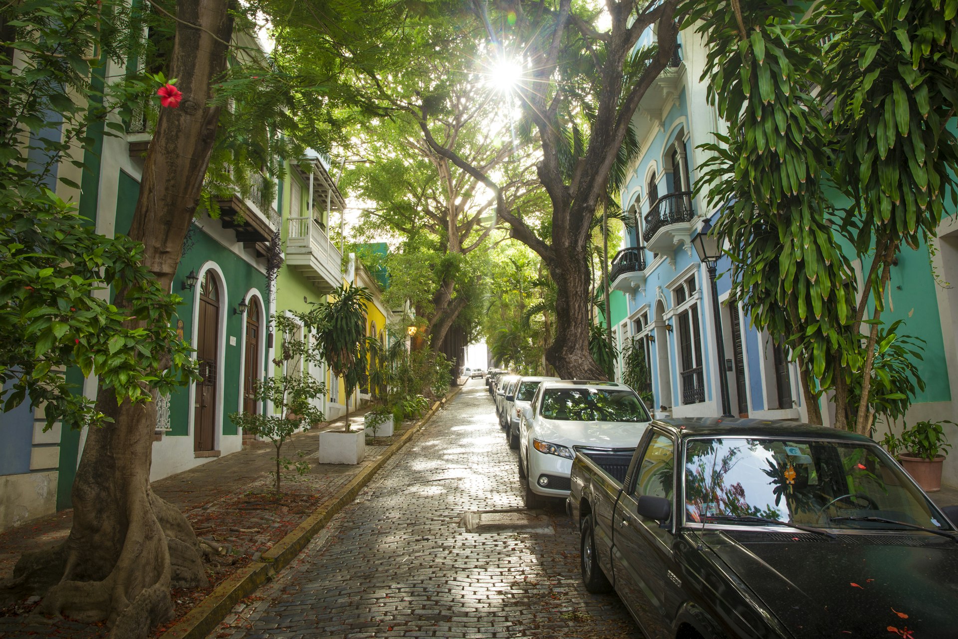 A sloping, historic cobbled street in Puerto Rico's San Juan with cars parked on the right hand side and trees shading the road from the sun