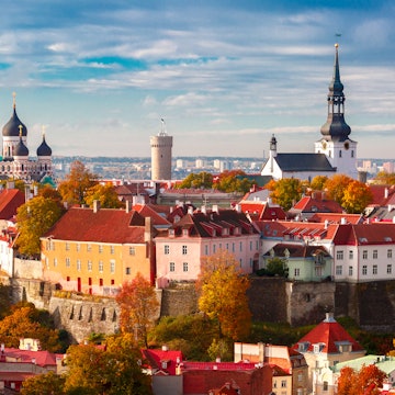 Toompea hill with tower Pikk Hermann, Cathedral Church of Saint Mary Toomkirik and Russian Orthodox Alexander Nevsky Cathedral, viewed from the tower of St. Olaf church, Tallinn.