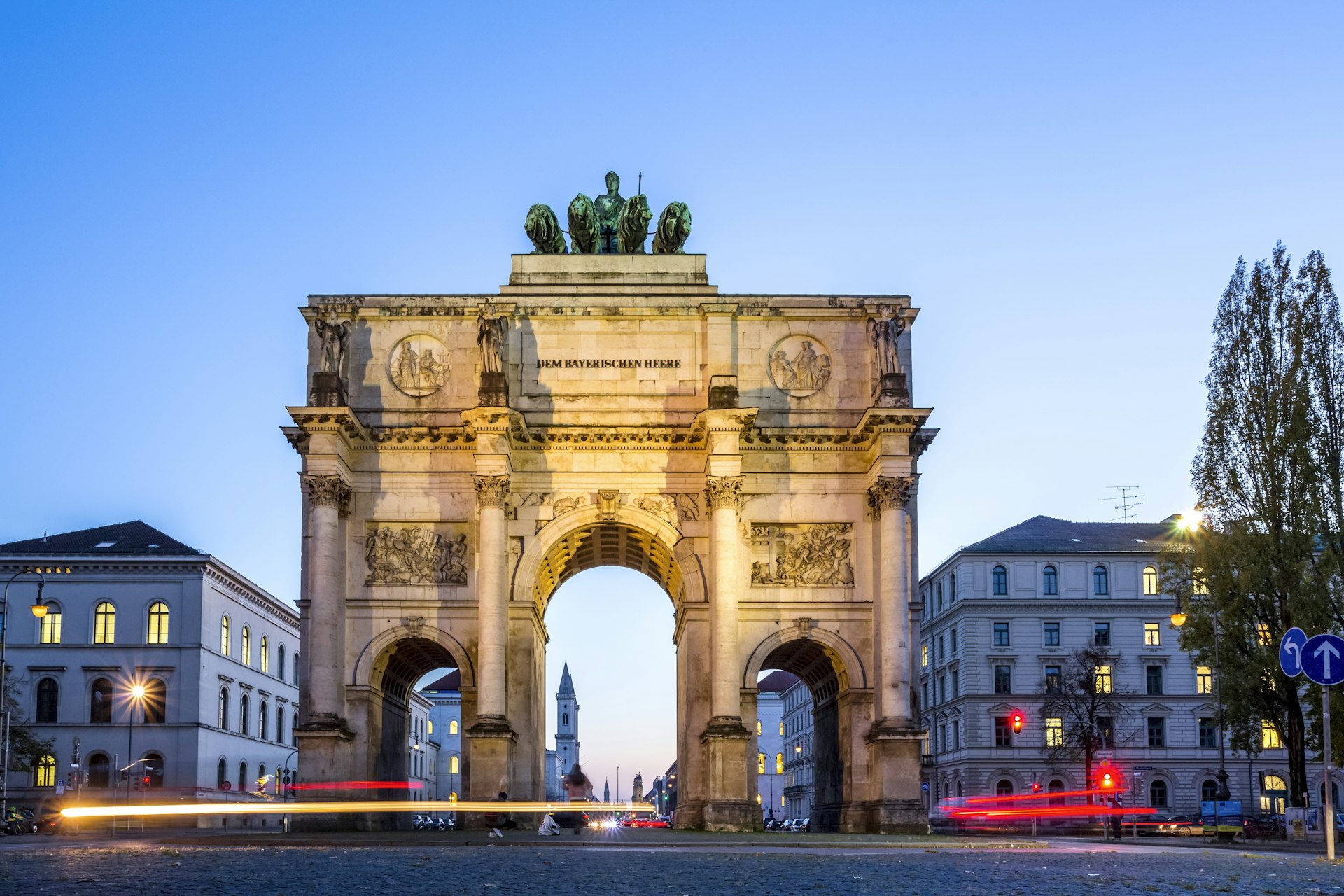 Blue hour on the north facade of Victory Gate in Munich, Germany