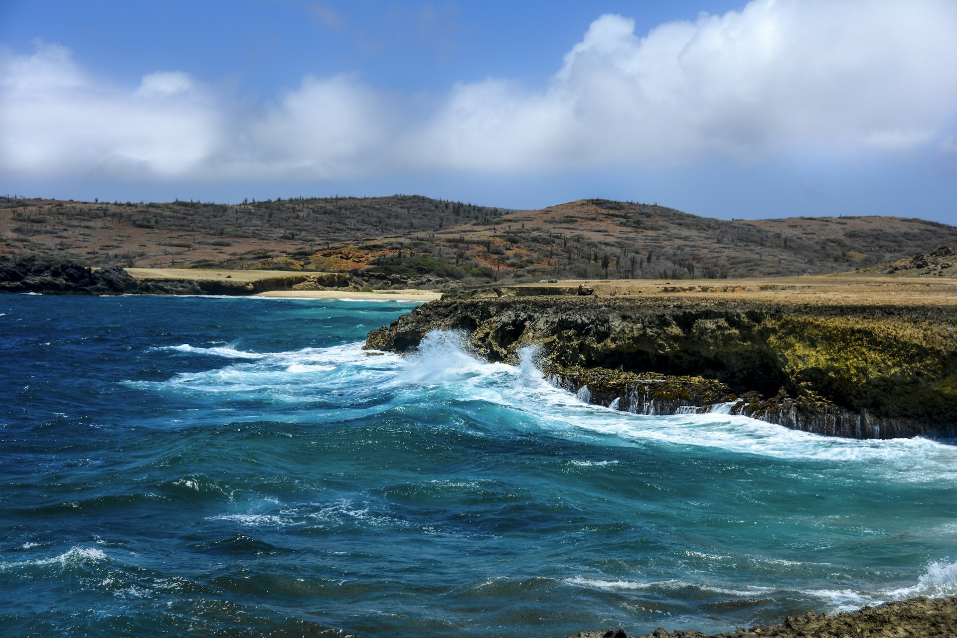 Rough waves crash off the cliffs at at Andicuri Bay Aruba