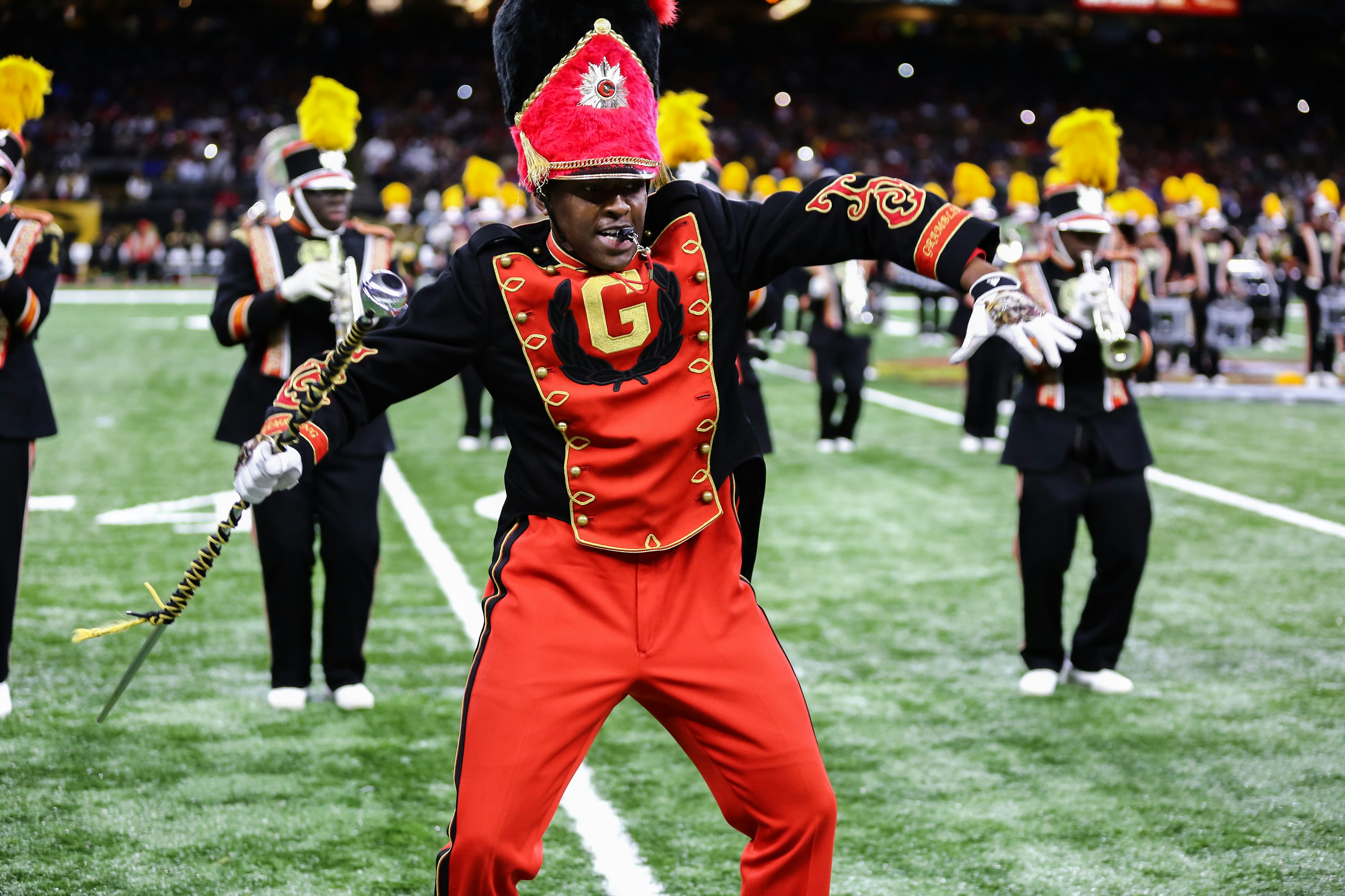 Closeup of a Grambling State drum major performing with the Tigers band at Mercedes-Benz Superdome in New Orleans.