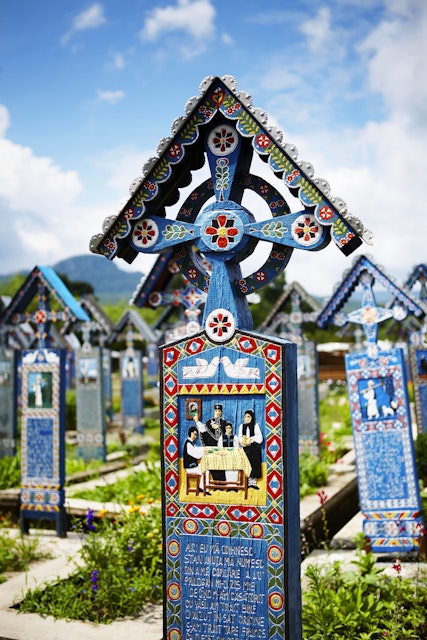 Colourful carved graves at the Merry Cemetery in Sapanta.