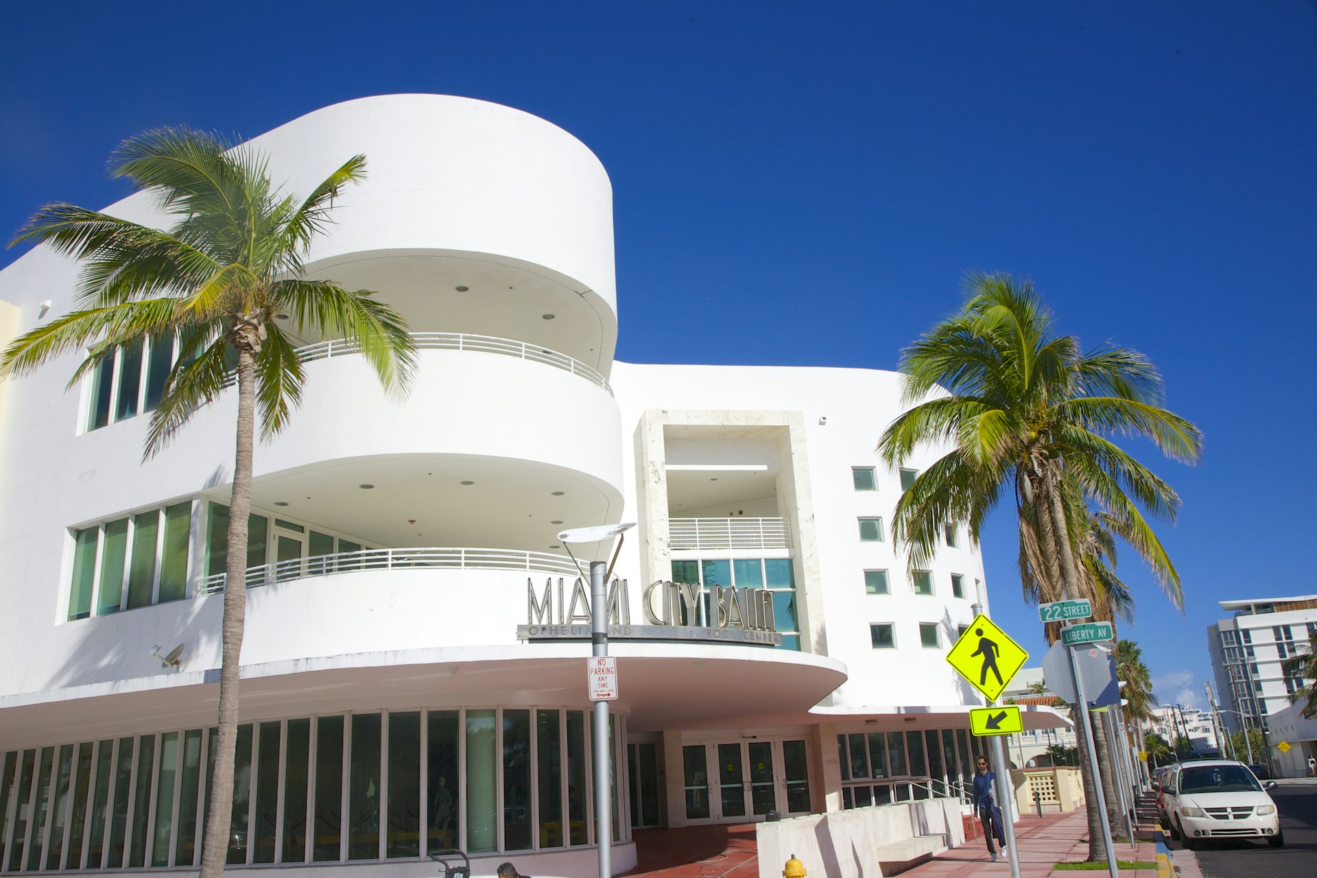 Exterior shot of the white art deco building of the Miami City Ballet in Miami Beach. 