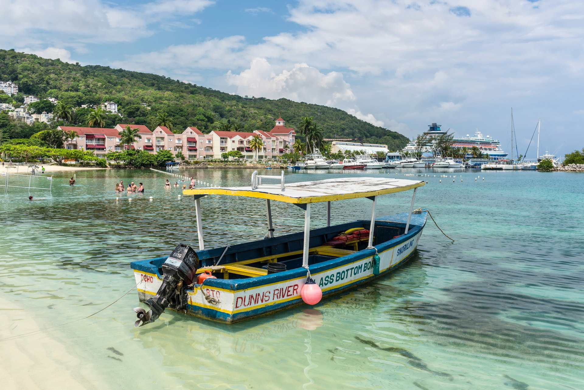 Colorful snorkeling boat moored on the Ocho Rios Bay Beach in Ocho Rios, Jamaica