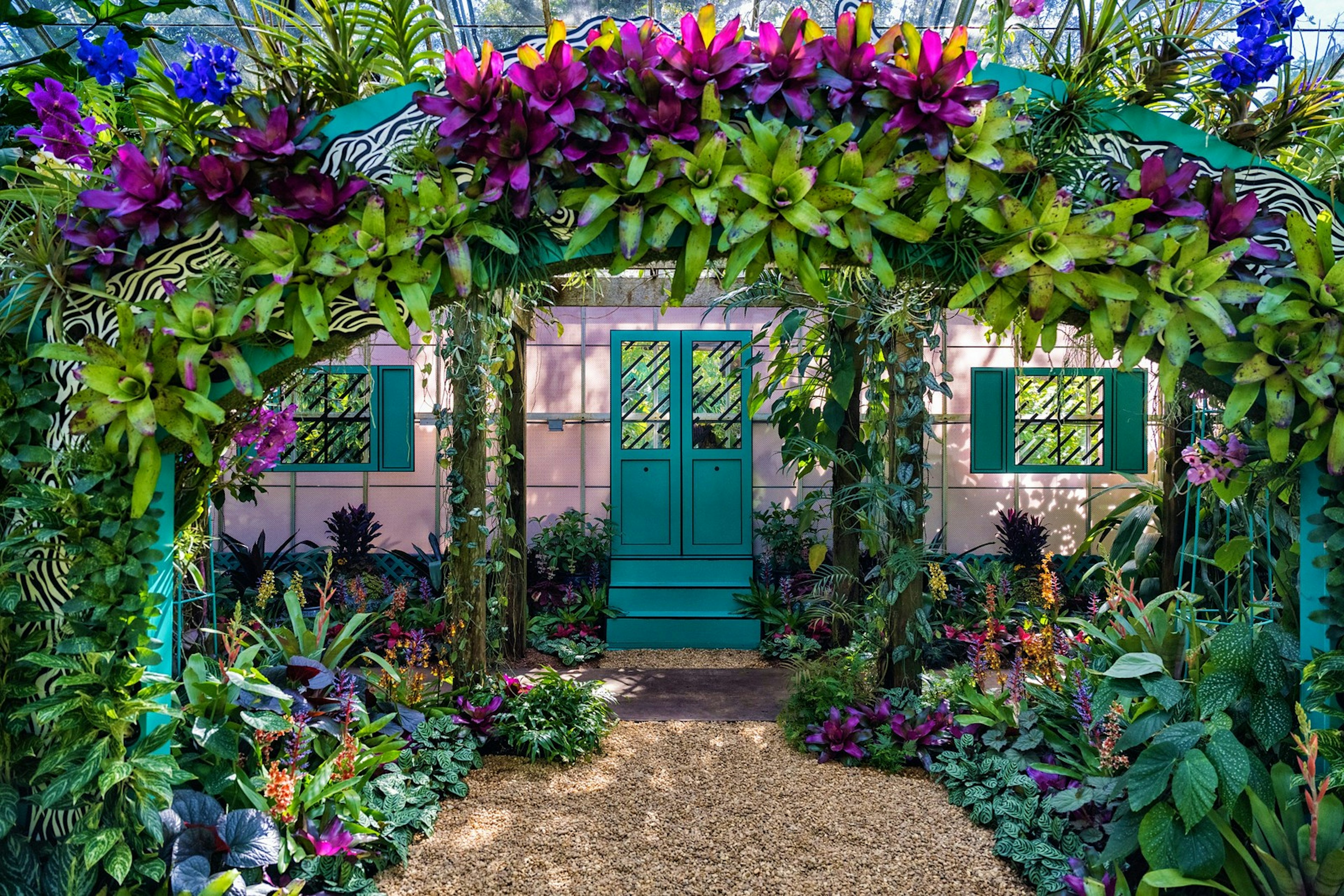 Bright flowers grow in front of a brightly-coloured building.