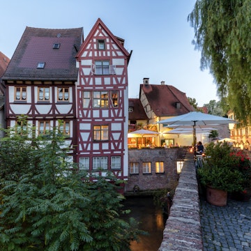Old houses in the famous Ulm fishing district, Fischerviertel, Baden-Wurttemberg, Germany, HDR imaging