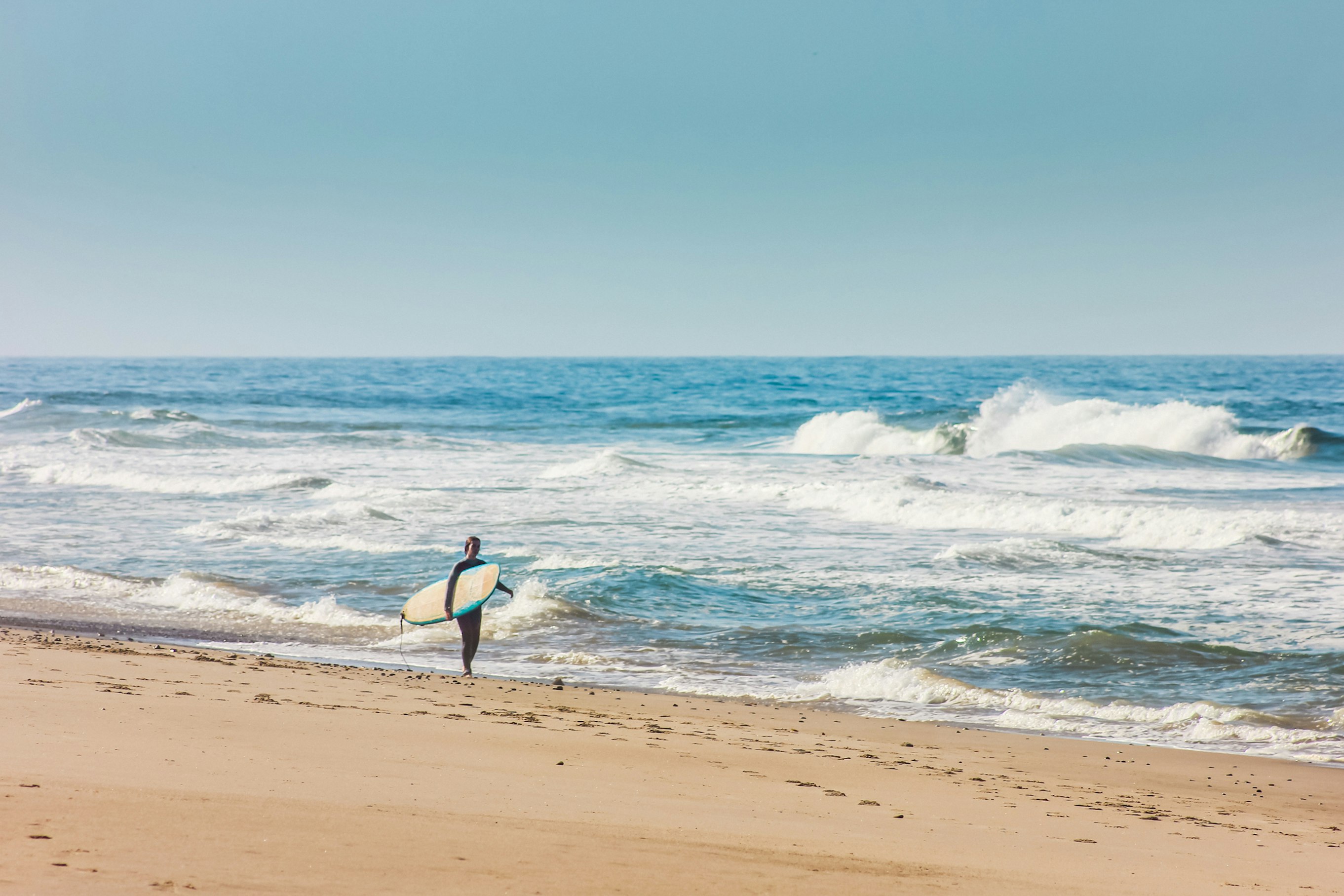 A surfer walks along the shoreline carrying her board