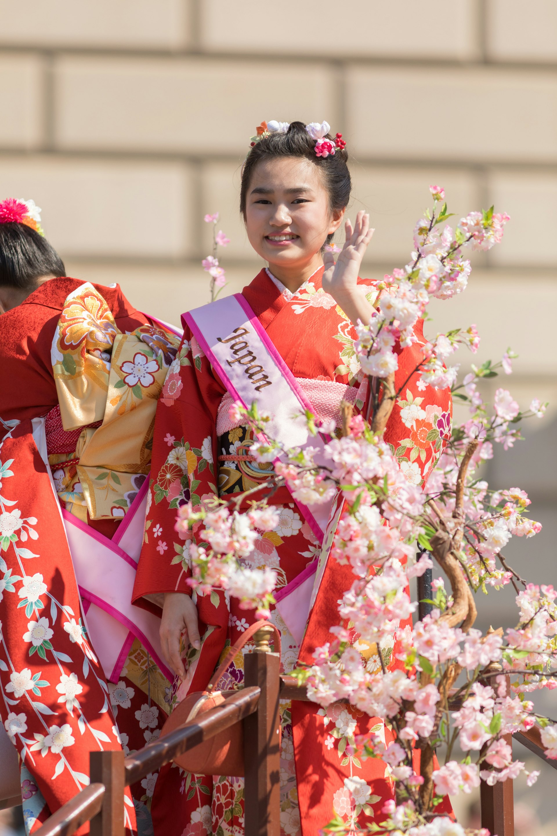 A Japanese woman wearing a kimono's stands behind cherry blossom flowers in the 2018 National Cherry Blossom Parade.