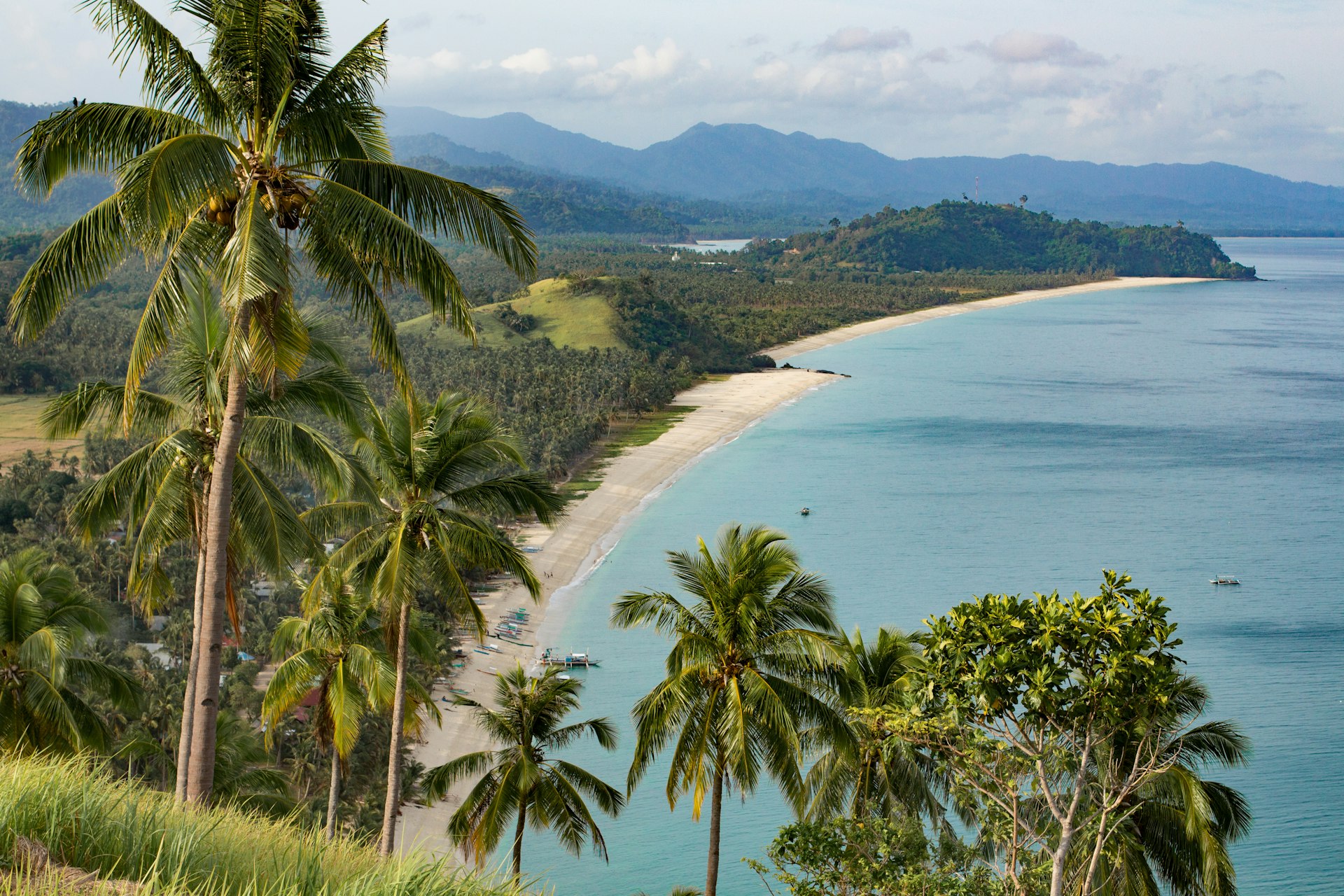 An aerial view of San Vicente's Long Beach, a long palm-backed stretch of beach lapped by a blue sea.