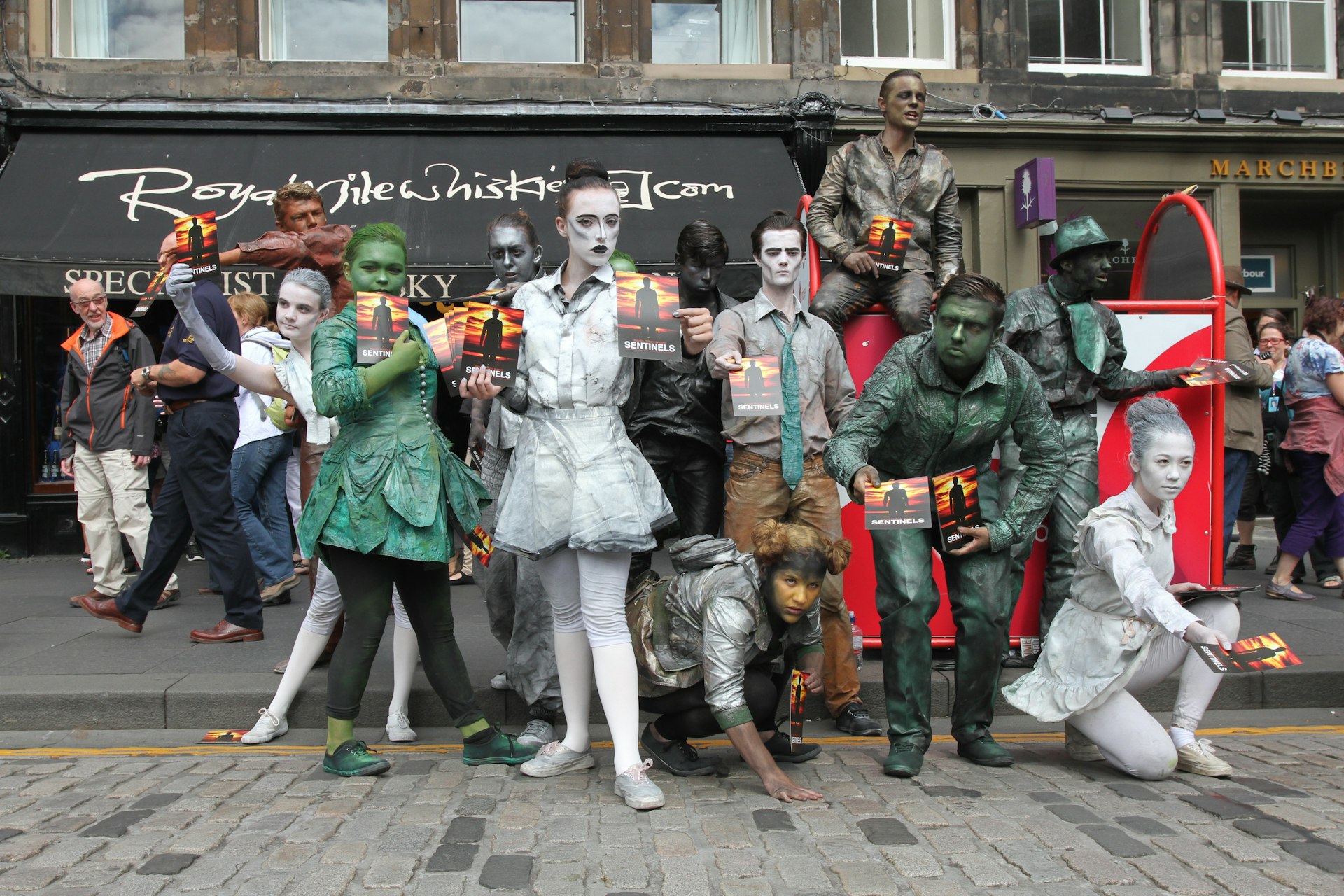 Members of Babolin Theatre publicize their show Sentinels during Edinburgh Fringe Festival on August 10, 2013 in Edinburgh, Scotland