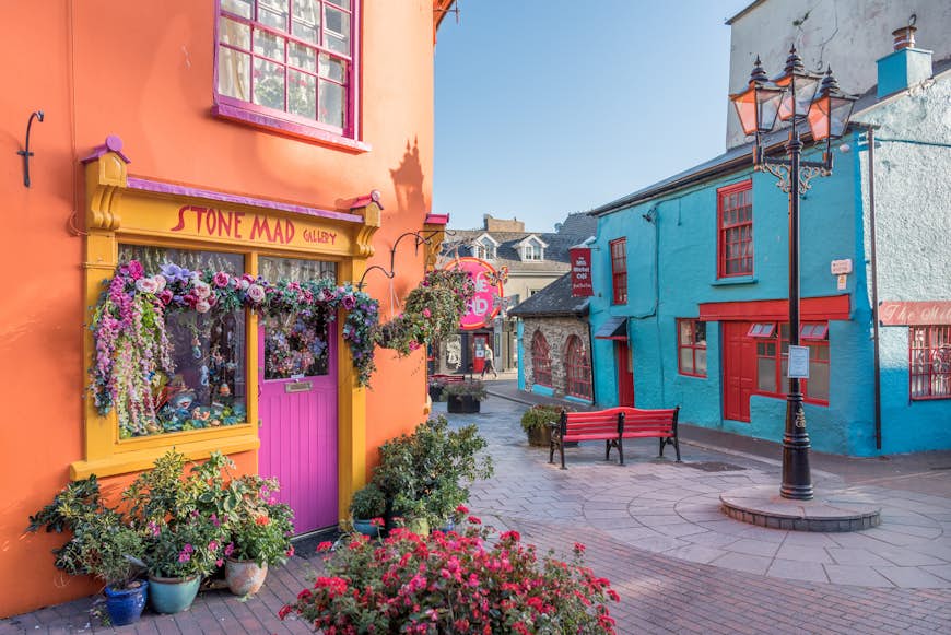 Traditional colourful Irish houses with flowers, and an old lamppost. 