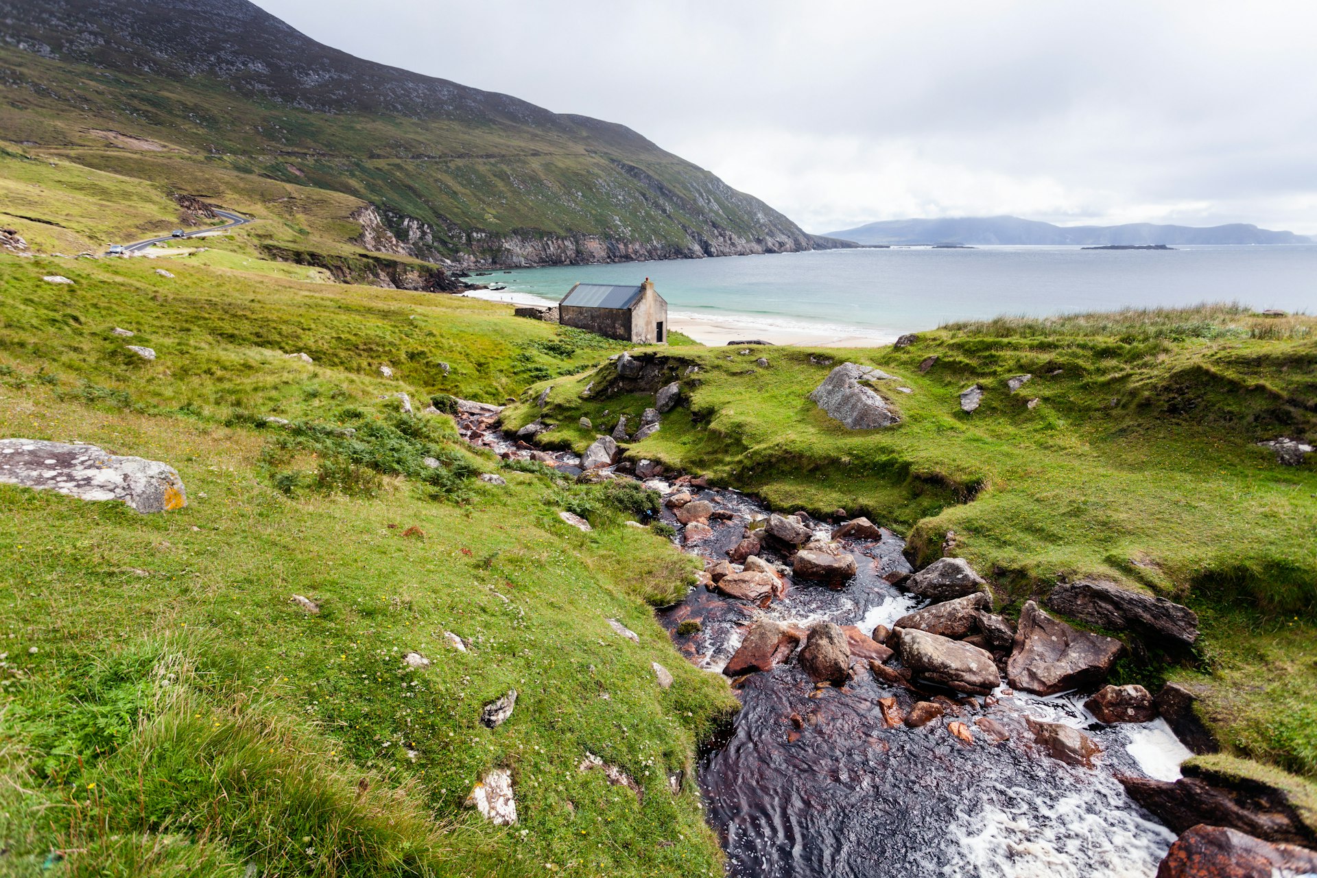 Landscape with mountains and ocean at Keem beach. Achill, Ireland
