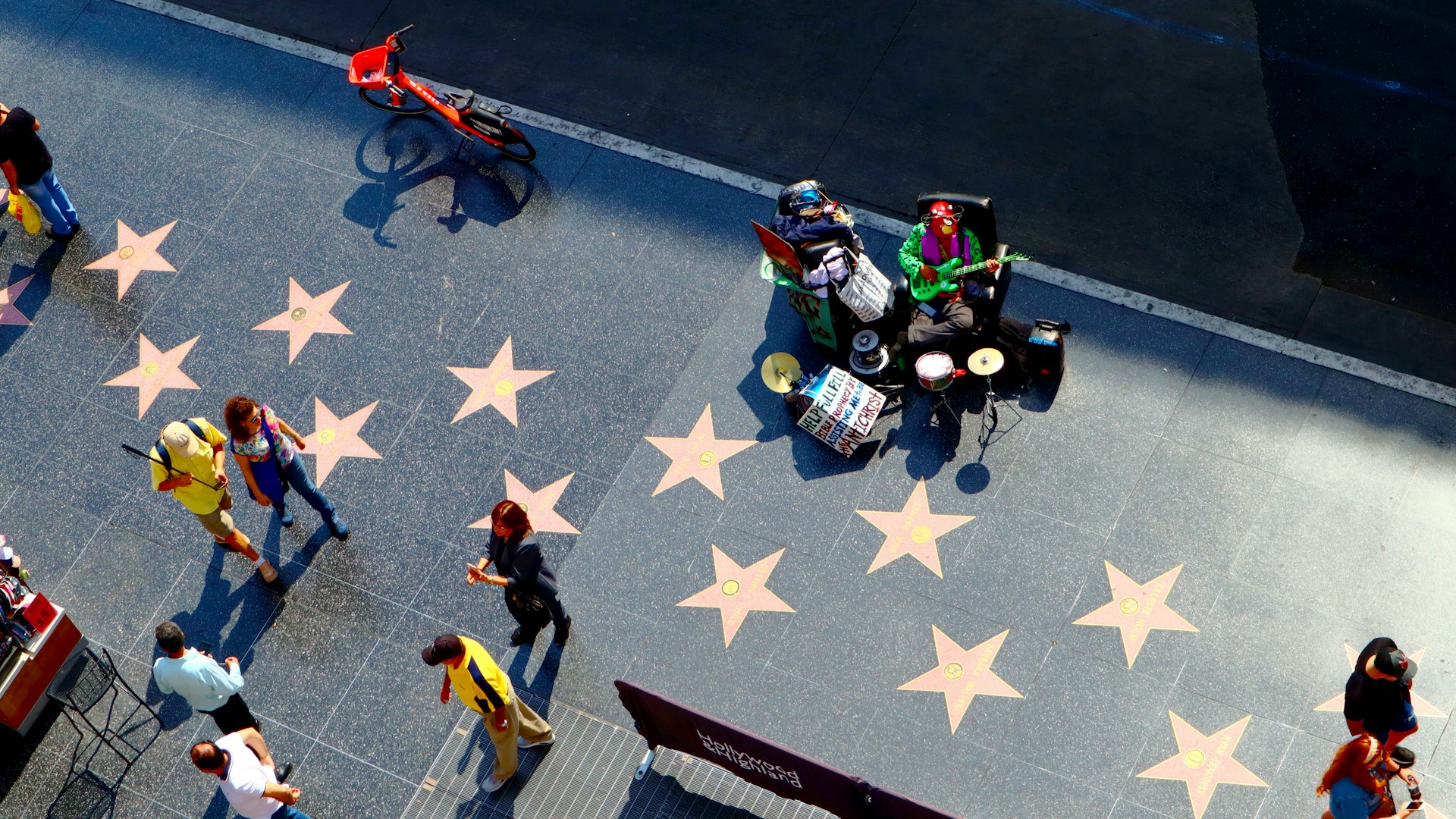 October 10, 2019: High-angle view of the Hollywood Boulevard walk of fame, as seen from the Hollywood & Highland entertainment center Dolby Theatre rooftop terrace. 