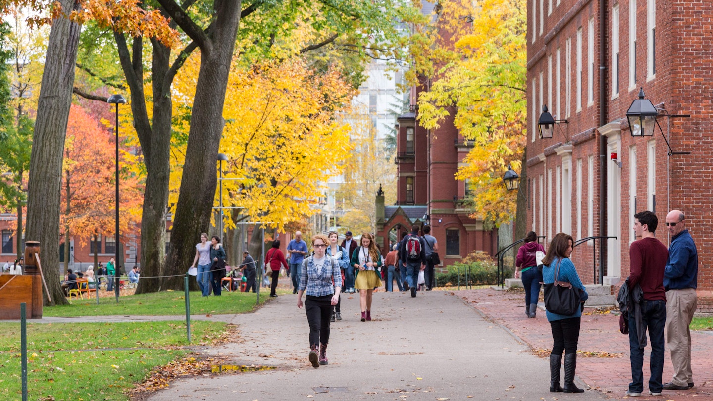 Harvard Yard, old heart of Harvard University campus, on a beautiful Fall day in Cambridge.