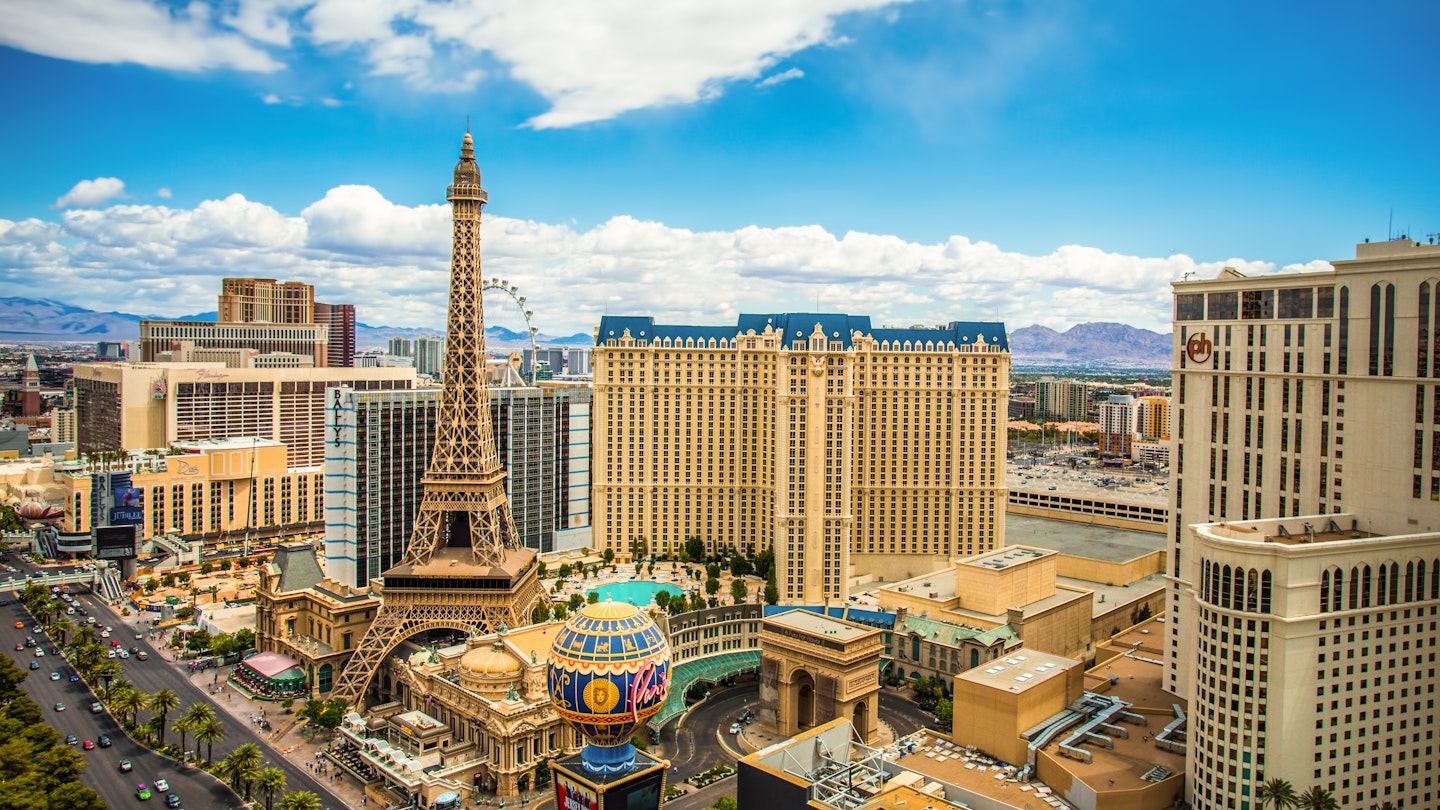 LAS VEGAS, NEVADA - MAY 7, 2014: Above ground view of Las Vegas Strip hotel resorts and casinos. Over 39.7 million people visit Las Vegas each year.