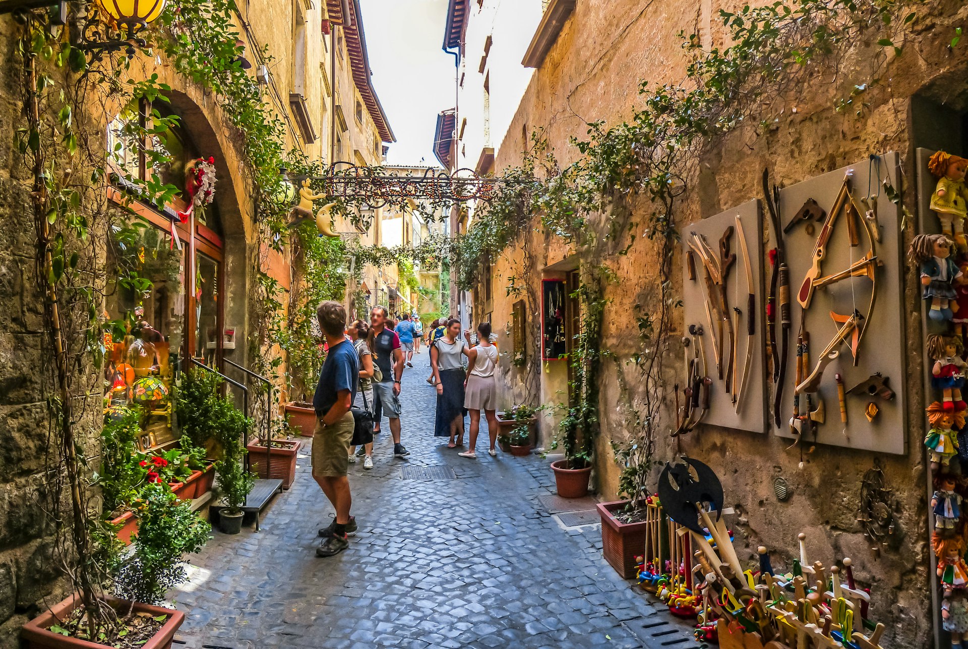 Um beco coberto de plantas ao longo de um caminho de paralelepípedos