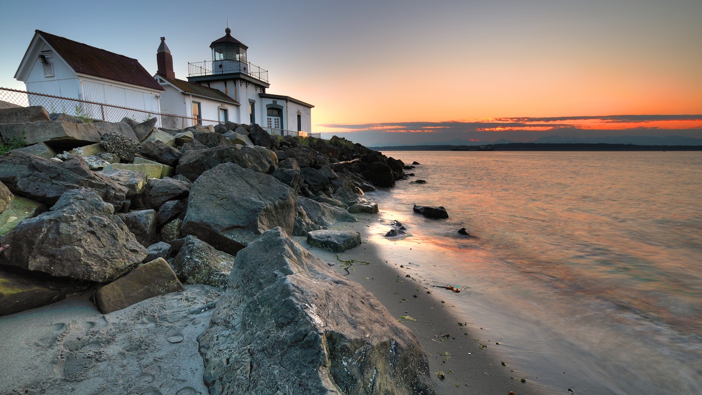 West Point lighthouse at Discovery park Seattle at dusk
