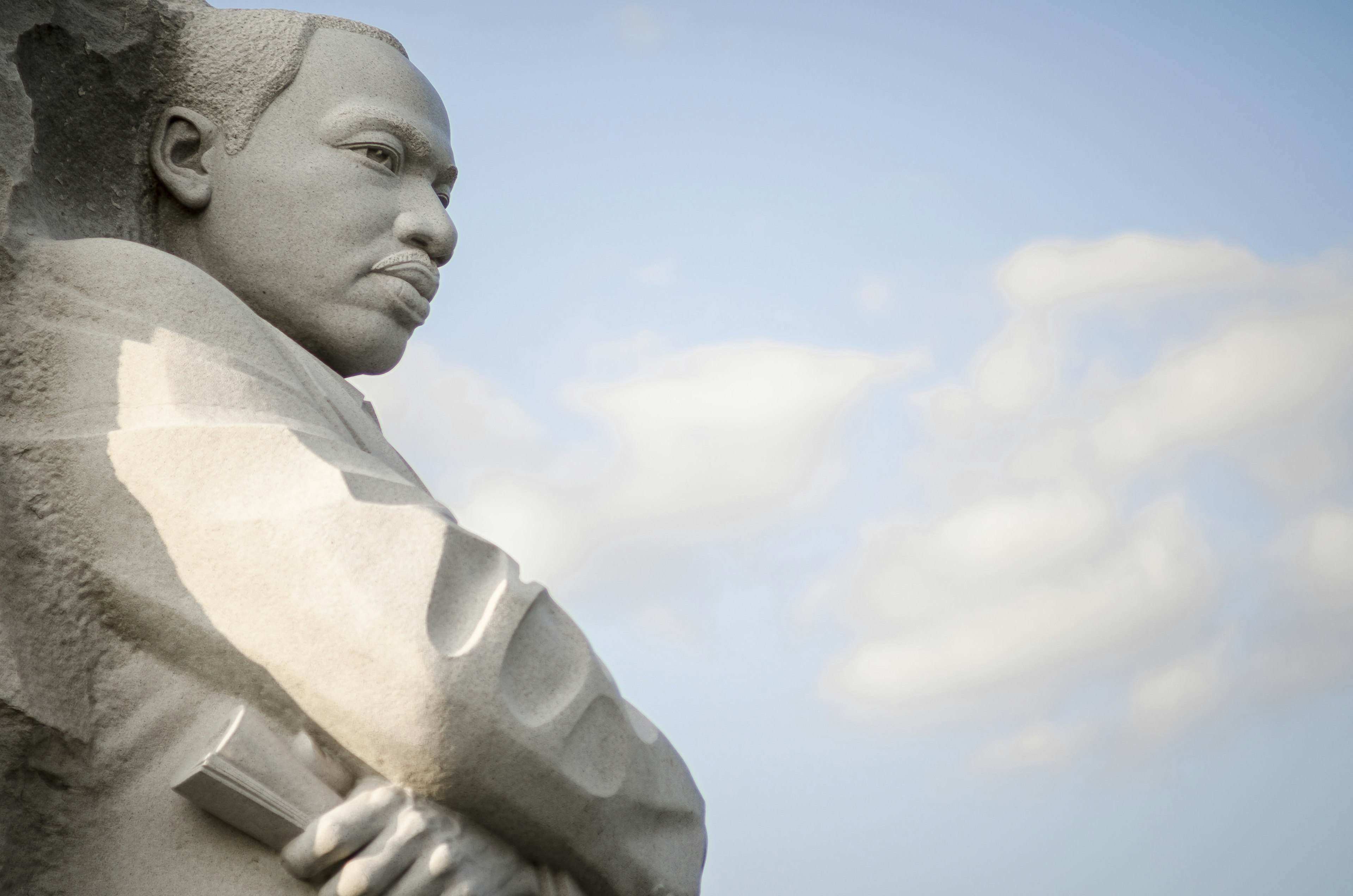 Portrait shot of the Martin Luther King Jr. Memorial carved in granite and standing in the National Mall in Washington, DC