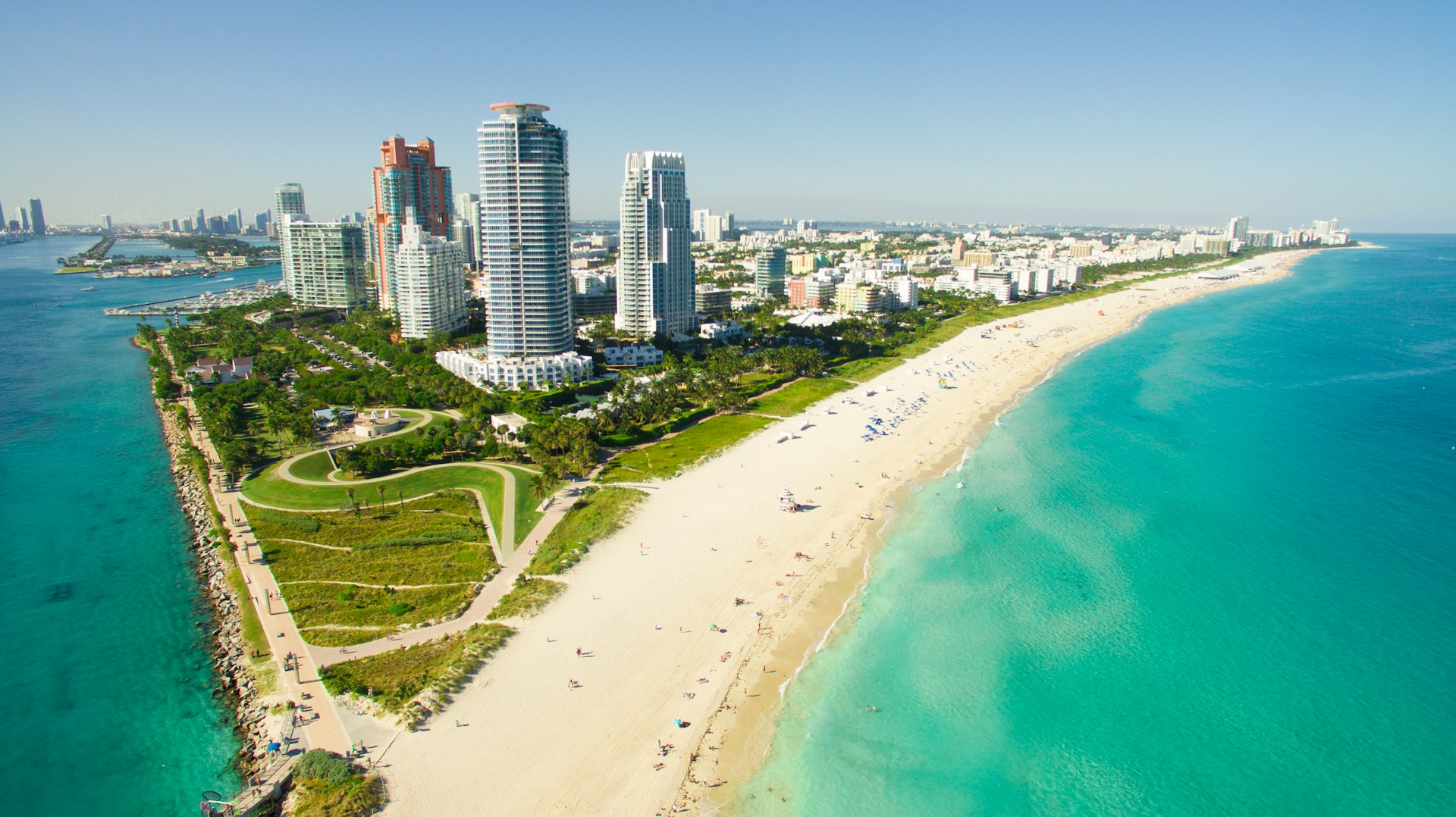 Aerial view of South Beach, with high rises dotting the shoreline