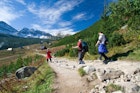 Group of people trekking in the Tatra Mountains.