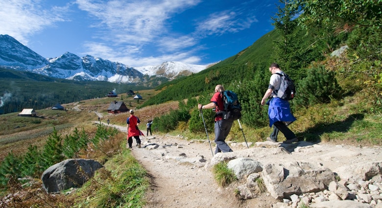 Group of people trekking in the Tatra Mountains.