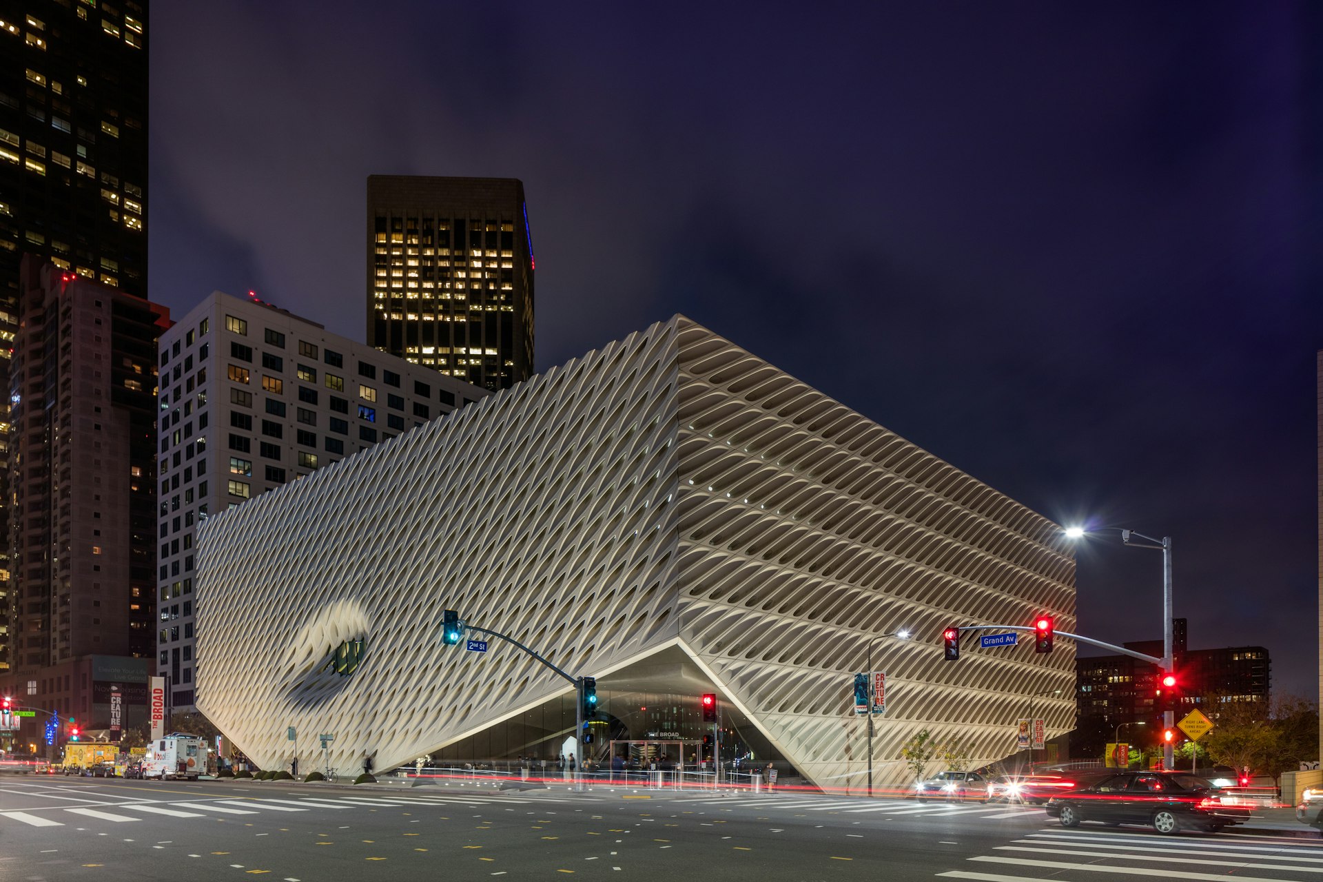 The Broad, a contemporary art museum in Los Angeles at twilight.