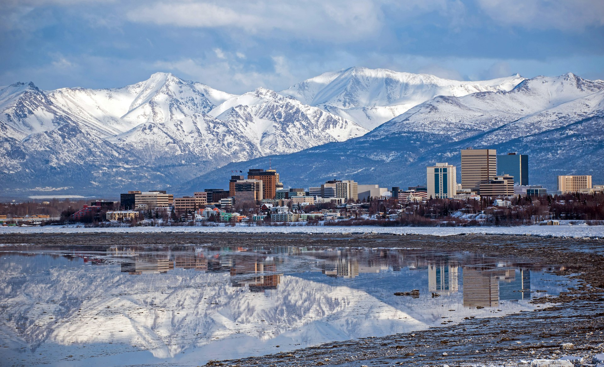 The Anchorage skyline with a winter reflection