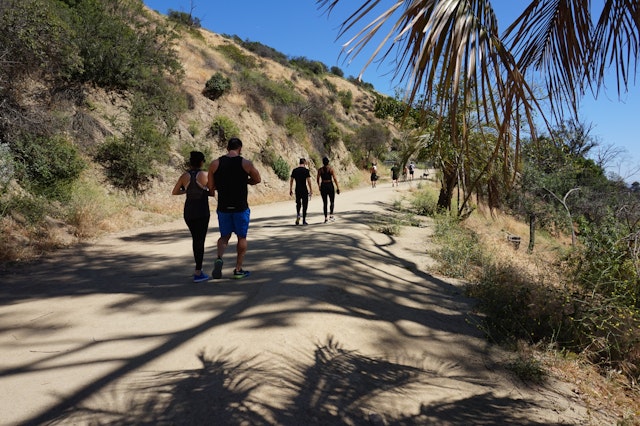 People walk along a hiking trail at Runyon Canyon Park in the Hollywood Hills