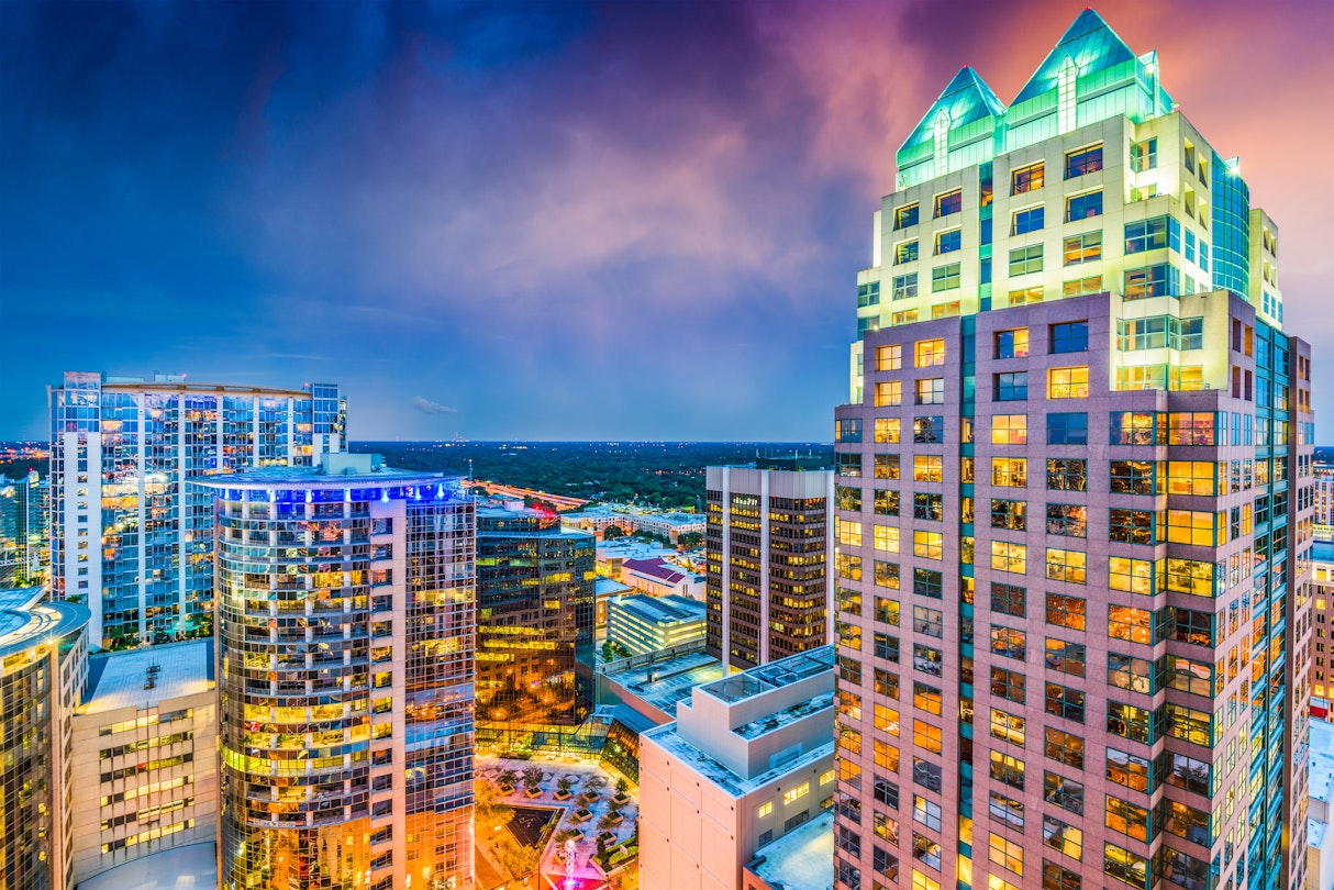 Orlando, Florida, USA downtown cityscape at twilight.