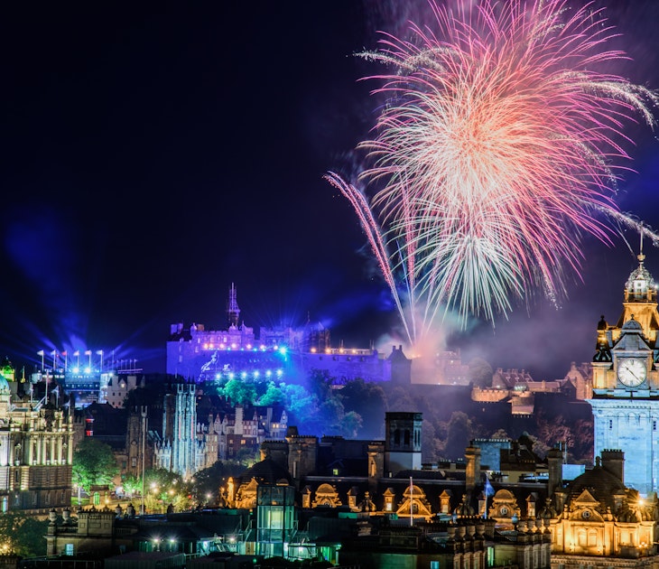August 15, 2017: Summer fireworks above Edinburgh during the Royal Military Tattoo and Fringe Festival.