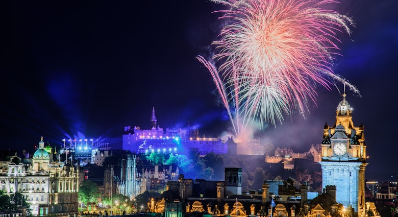 August 15, 2017: Summer fireworks above Edinburgh during the Royal Military Tattoo and Fringe Festival.