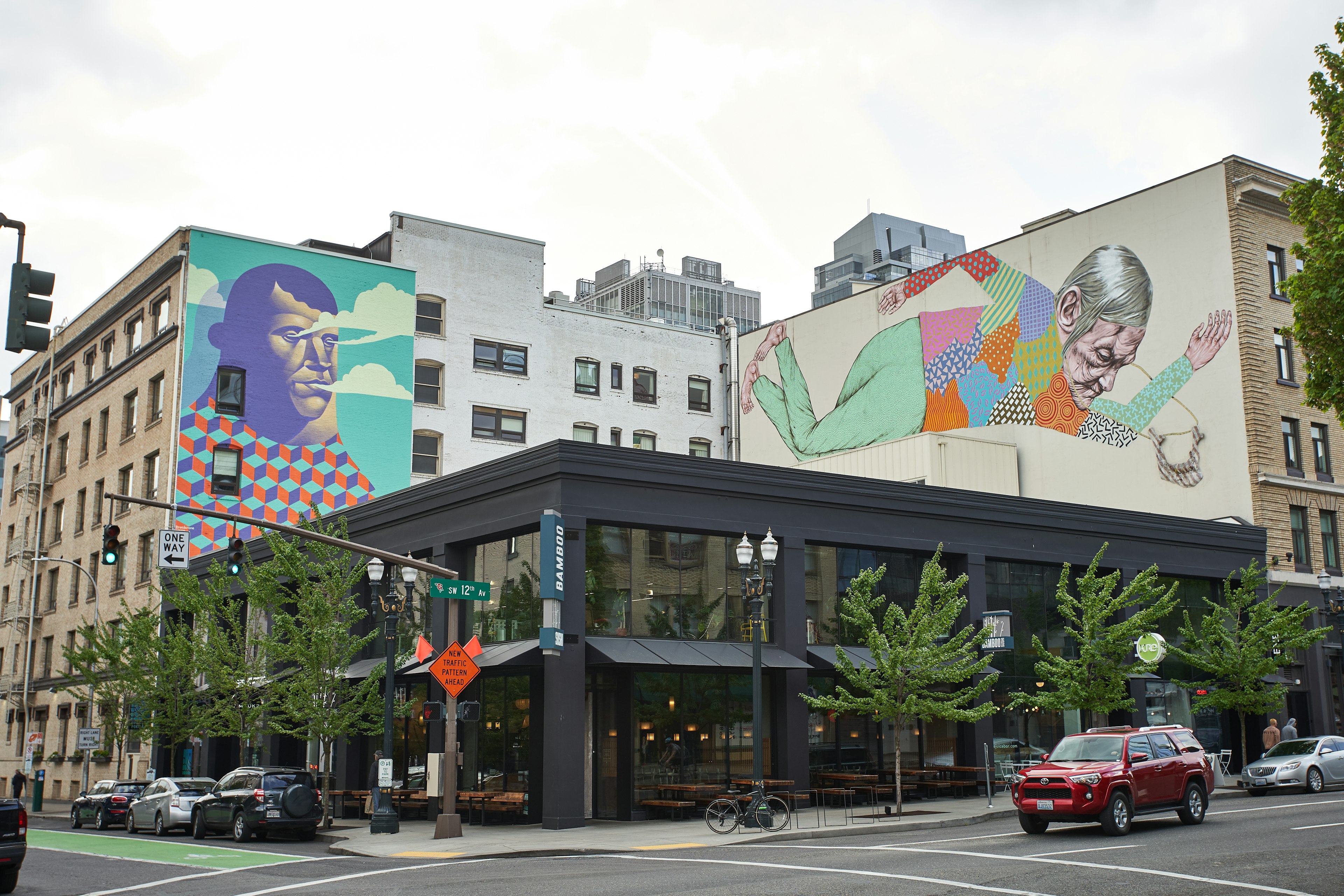 Buildings with murals in downtown Portland