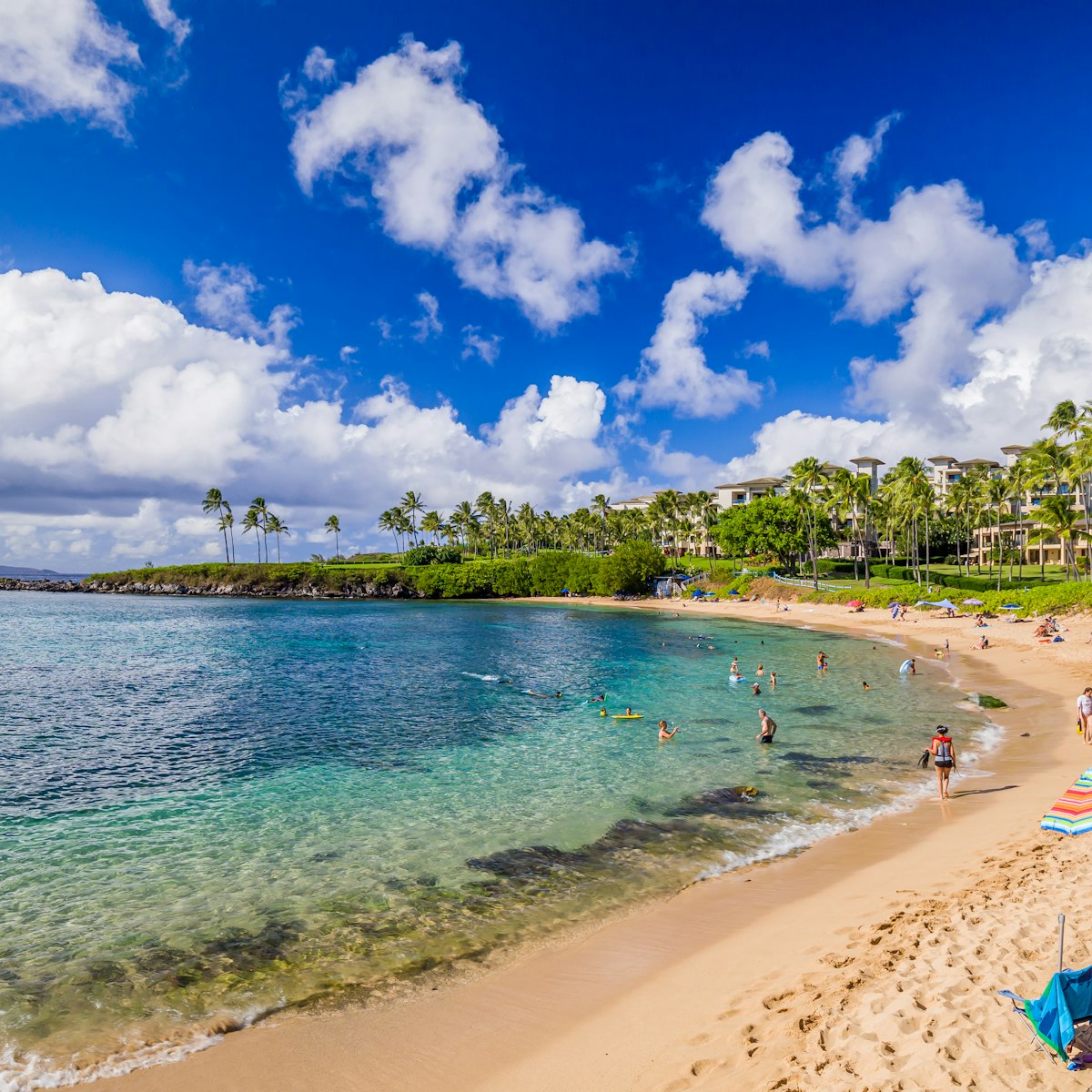 Kapalua beach bay, Maui, Hawaiian Islands - Aug 2019: Quiet, elegant, picturesque, Kapalua boasts beautiful seabed and ideal atmosphere for family vacation